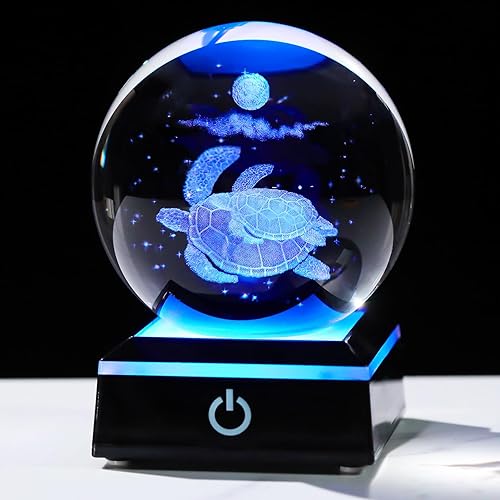 Figura de tortuga marina con bola de cristal 3D con base LED, láser, regalos para mujeres y hombres en Navidad, cumpleaños, bola de tortuga