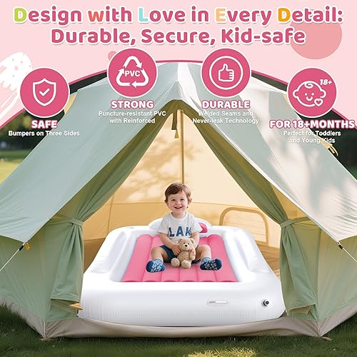 Miniatura 20 de Cama inflable de viaje para niños pequeños, cama portátil de 60 pulgadas para viajes con lados de seguridad, acogedor juego de colchón de aire