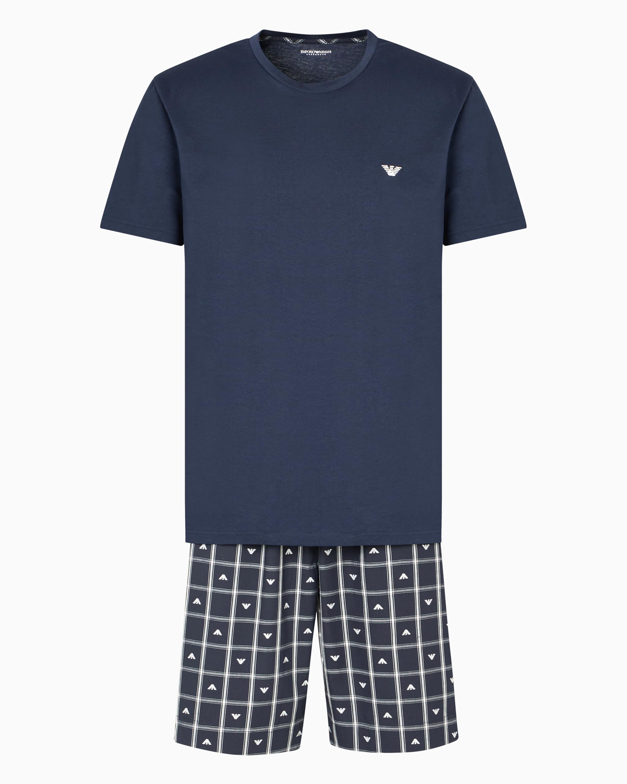 Emporio Armani Men's Yard Dyed Woven Cotton Pajama Short and Tee Set