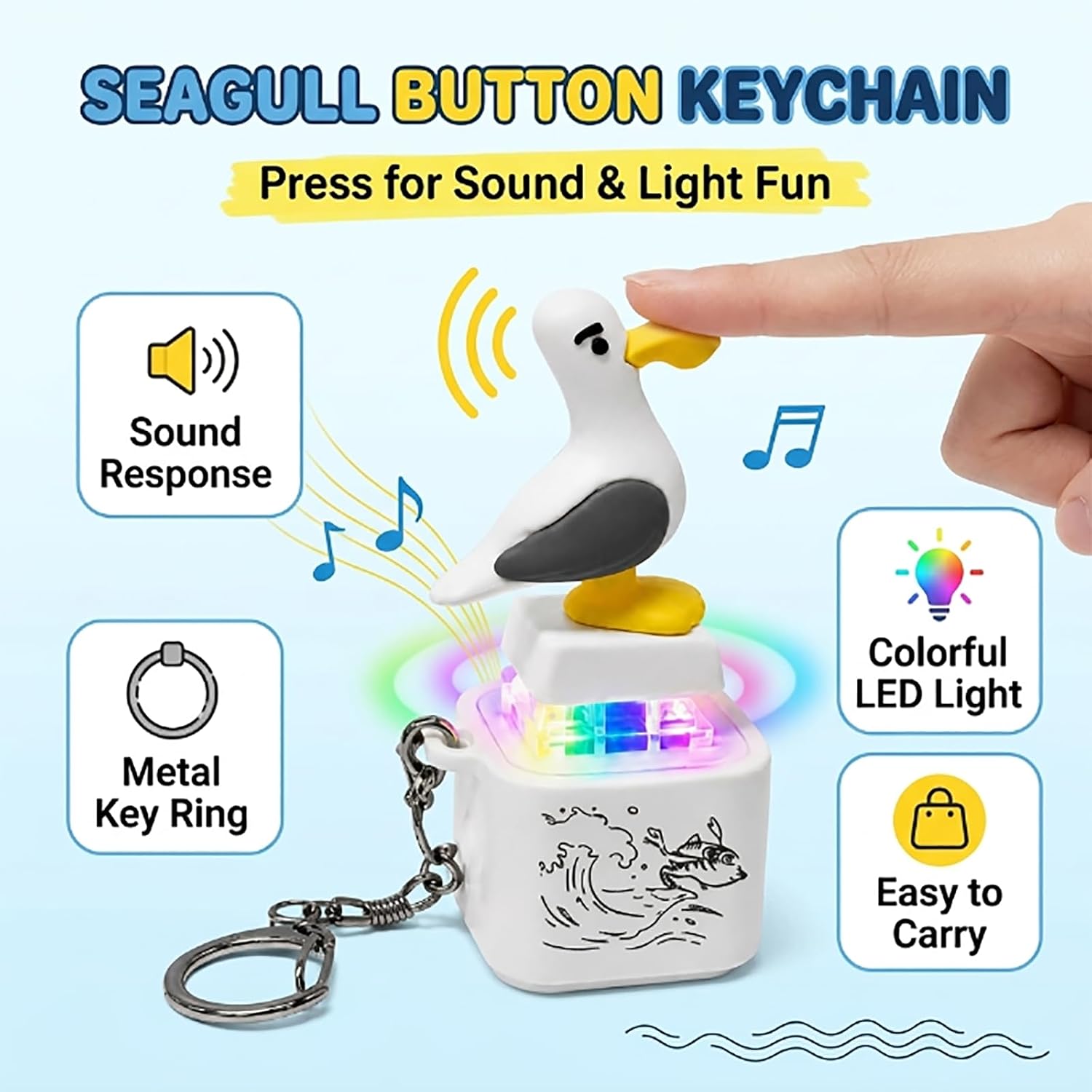 Seagull Button Keychain Bird Clicker Stress Toys for Adults Fidget Sound Keyboard Mini Screaming Pack with LED Light