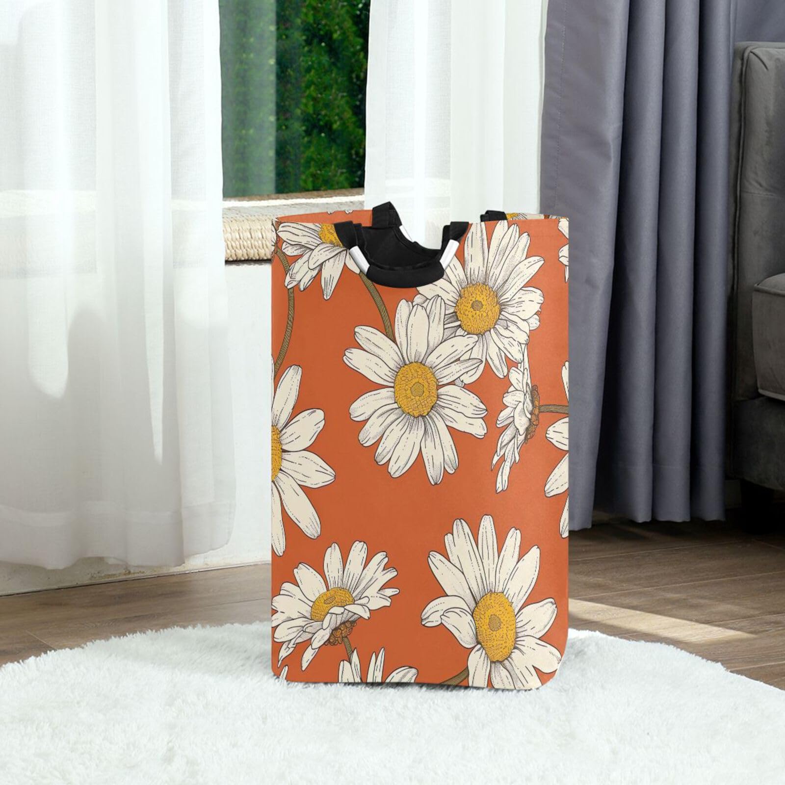 Jihqo Laundry Hamper Basket Daisy Orange Collapsible Nursery Storage Bin Waterproof Clothing Baskets for Home Bedroom Bathroom Washing Room