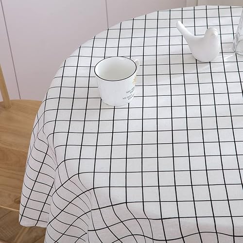 Miniatura 4 de Bringsine Mantel Mantel de lino de algodón para cocina, comedor, restaurante, decoración de fiesta (redondo, 60 pulgadas, cuadros blancos)