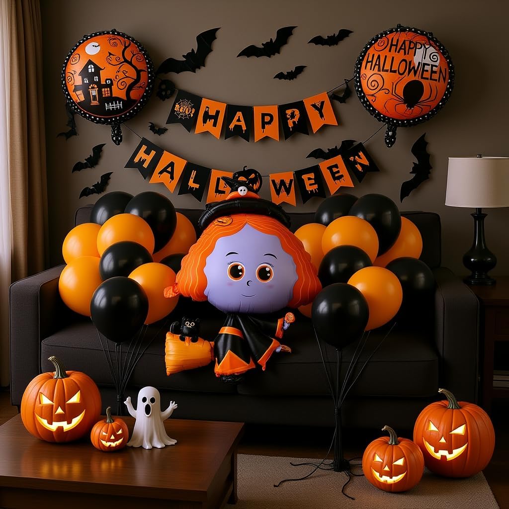 Spooky Halloween Party Decorations Kit - 38 Piece Halloween Balloons with 33 Inch Witch Foil Balloon, Banner & Bat Stickers | Ideal for Indoor/Outdoor Party Supplies & Trunk or Treat Decorations
