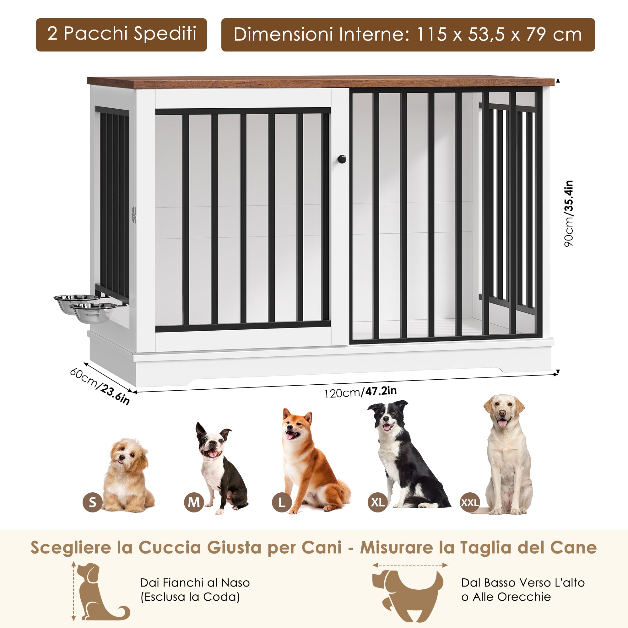 FirFurd 120 cm Gabbia per Cani, Kennel Cane Grande con Porta Scorrevole, con 2 Ciotole che Ruotano di 360°, Cane Kennel in Metallo e Legno, 120x60x90cm (Bianco+Marrone)