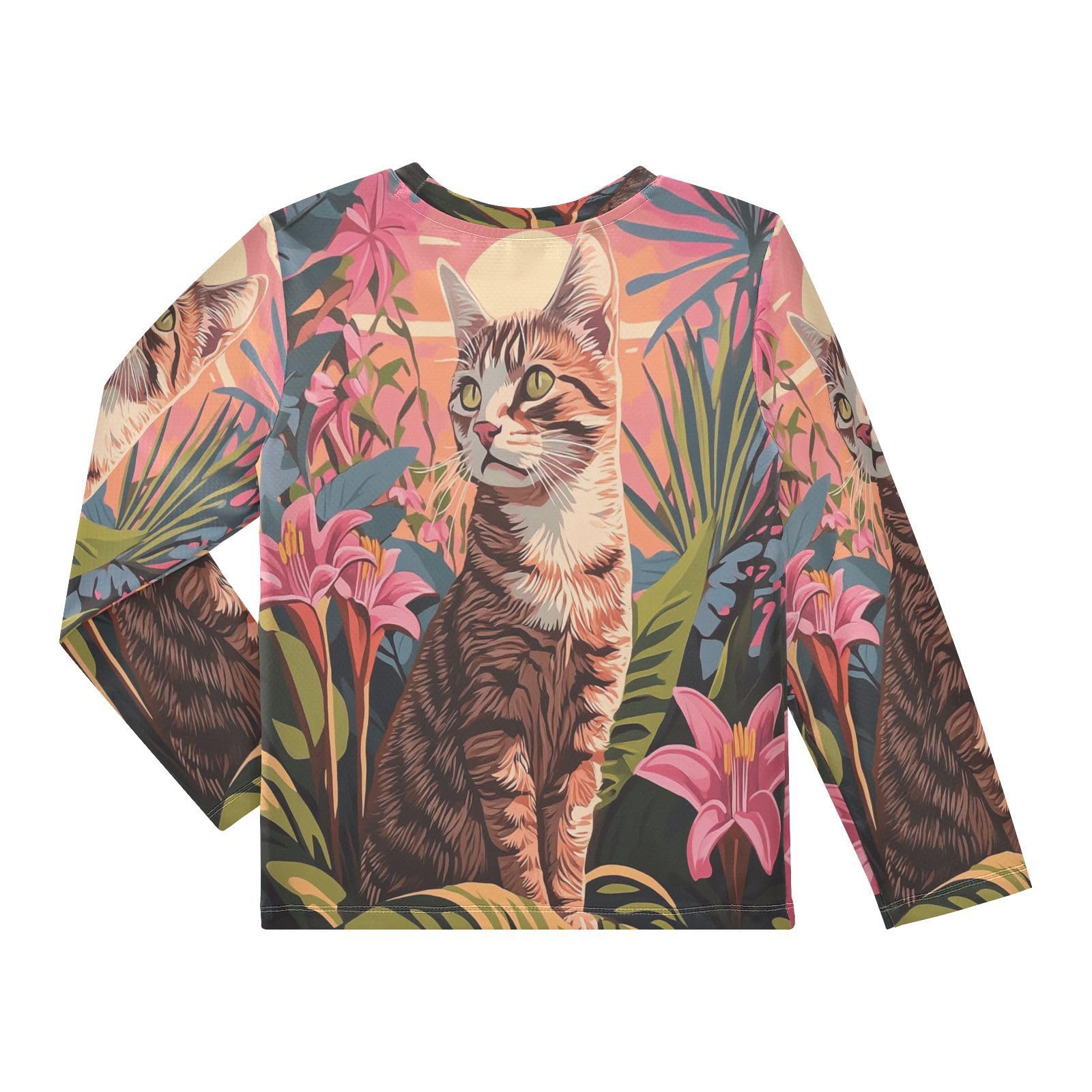 Tabby Cat Tropical Lilies Rash Guard Shirt for Boys Sun Protection Shirt for Beach Pool Sport UPF50+ 7-8T