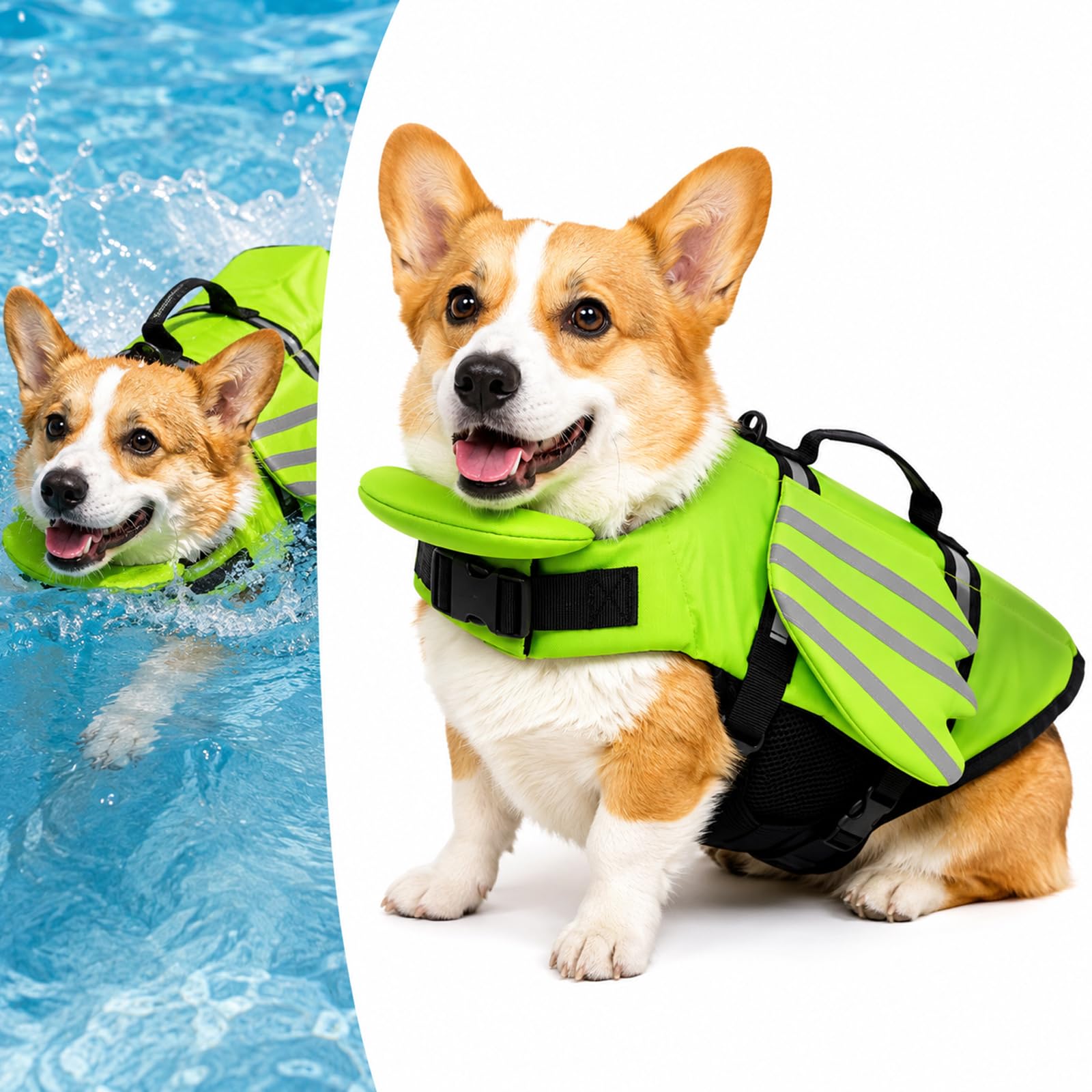 Dog Life Jacket with Chin Float & Angel Wings, High Buoyancy Reflective Dog Life Vest with Rescue Handle,Adjustable Waterproof Float Coat for Small Medium Large Dogs for Pool Boating，Green：XS