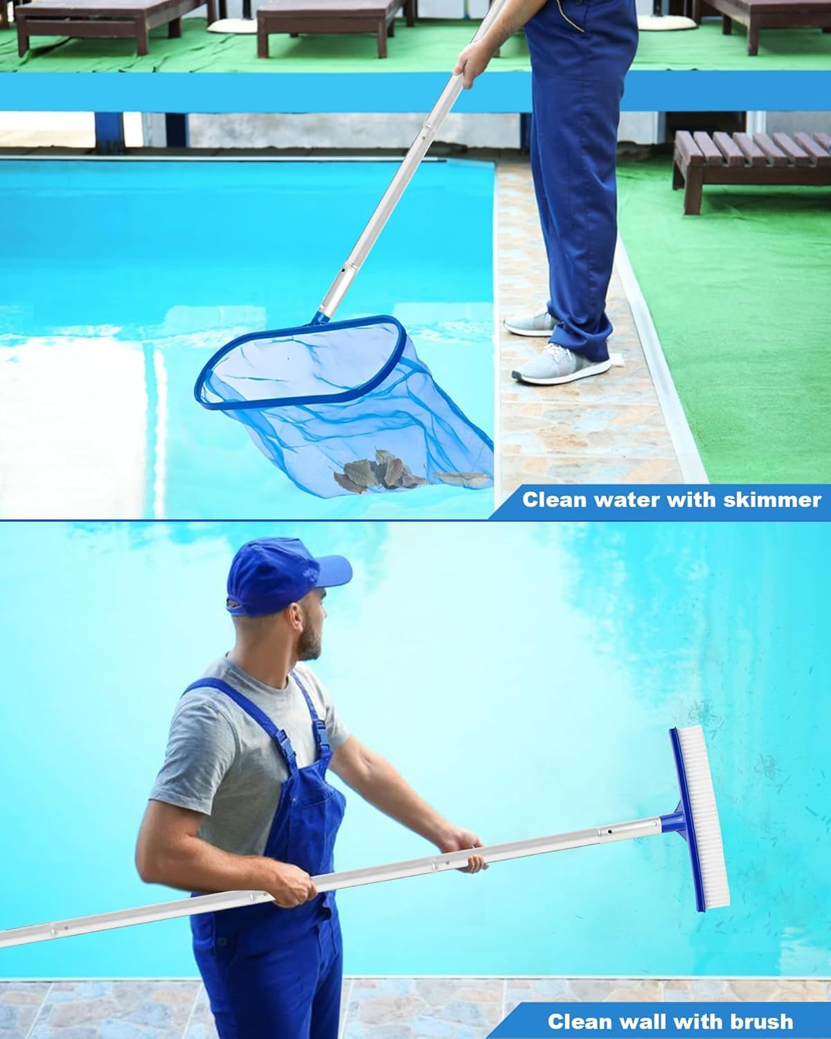 JORAKI Kit Nettoyage Piscine 1.6m - Écumoire, Brosse Et Poteau Amovible - Pack De 3 Outils