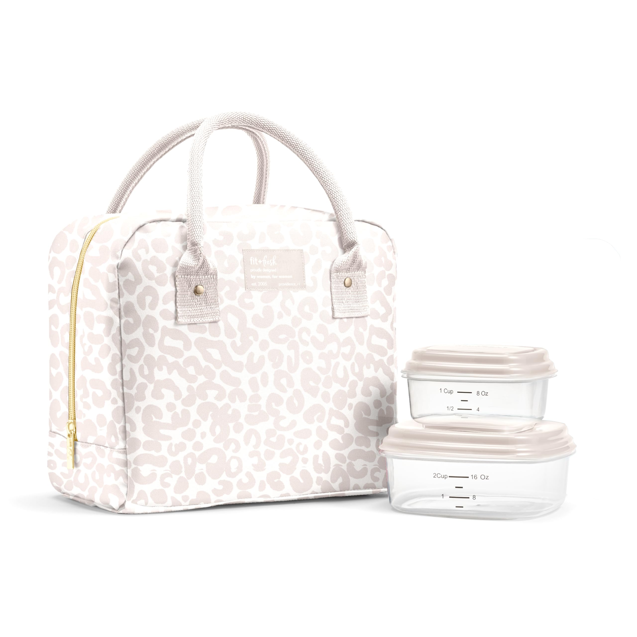 Fit & Fresh Bloomington Lunch Bag for Women - Insulated Large Lunch Box for Work with Containers, Leak-Resistant, Stain-Resistant, Zipper Closure, Feline Fine Ivory