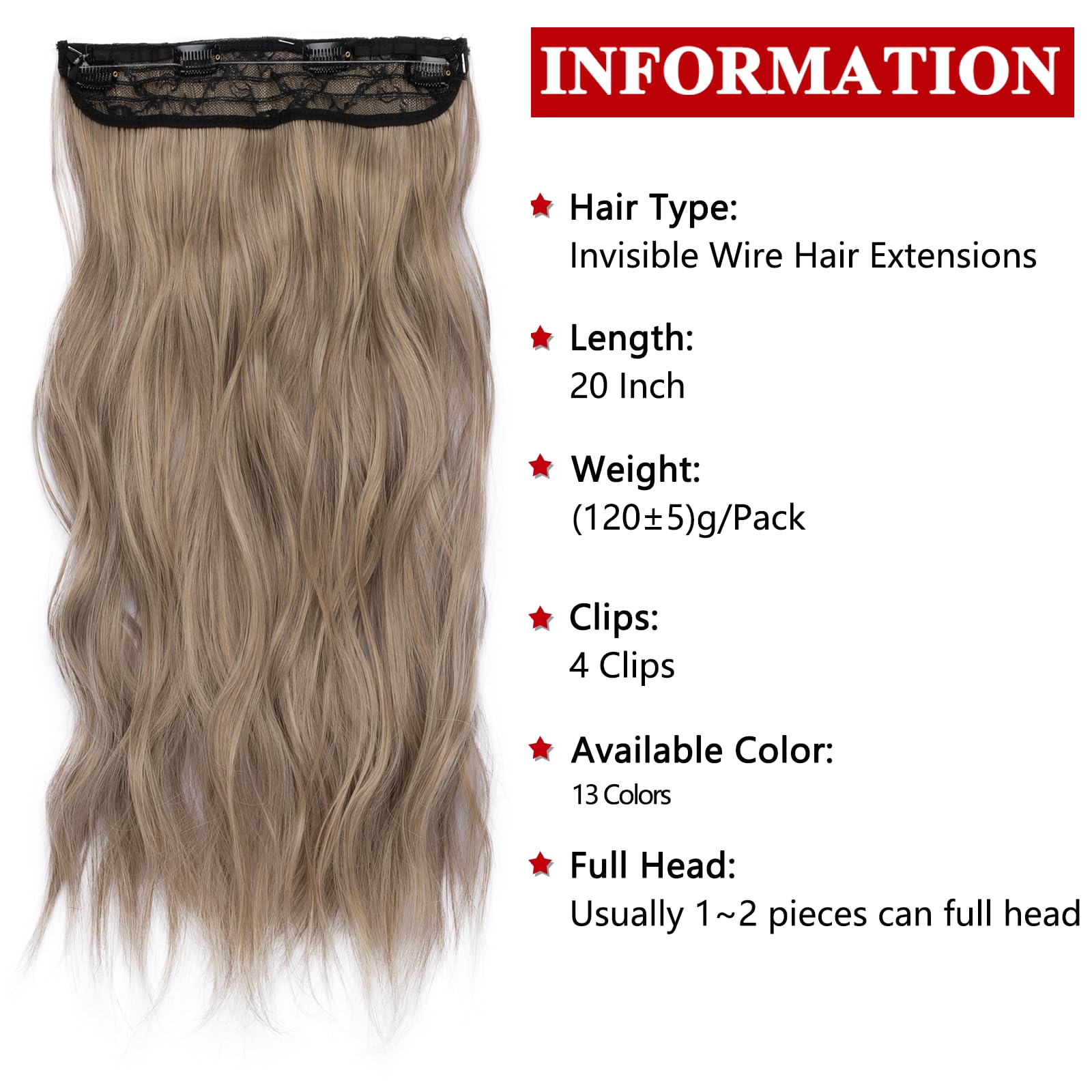 Xtrend 20Inch Invisible Wire Hair Extensions with Transparent Wire Adjustable Size Secure Clips Natural Straight Secret Miracle Hairpiece 88H86# - Image 2