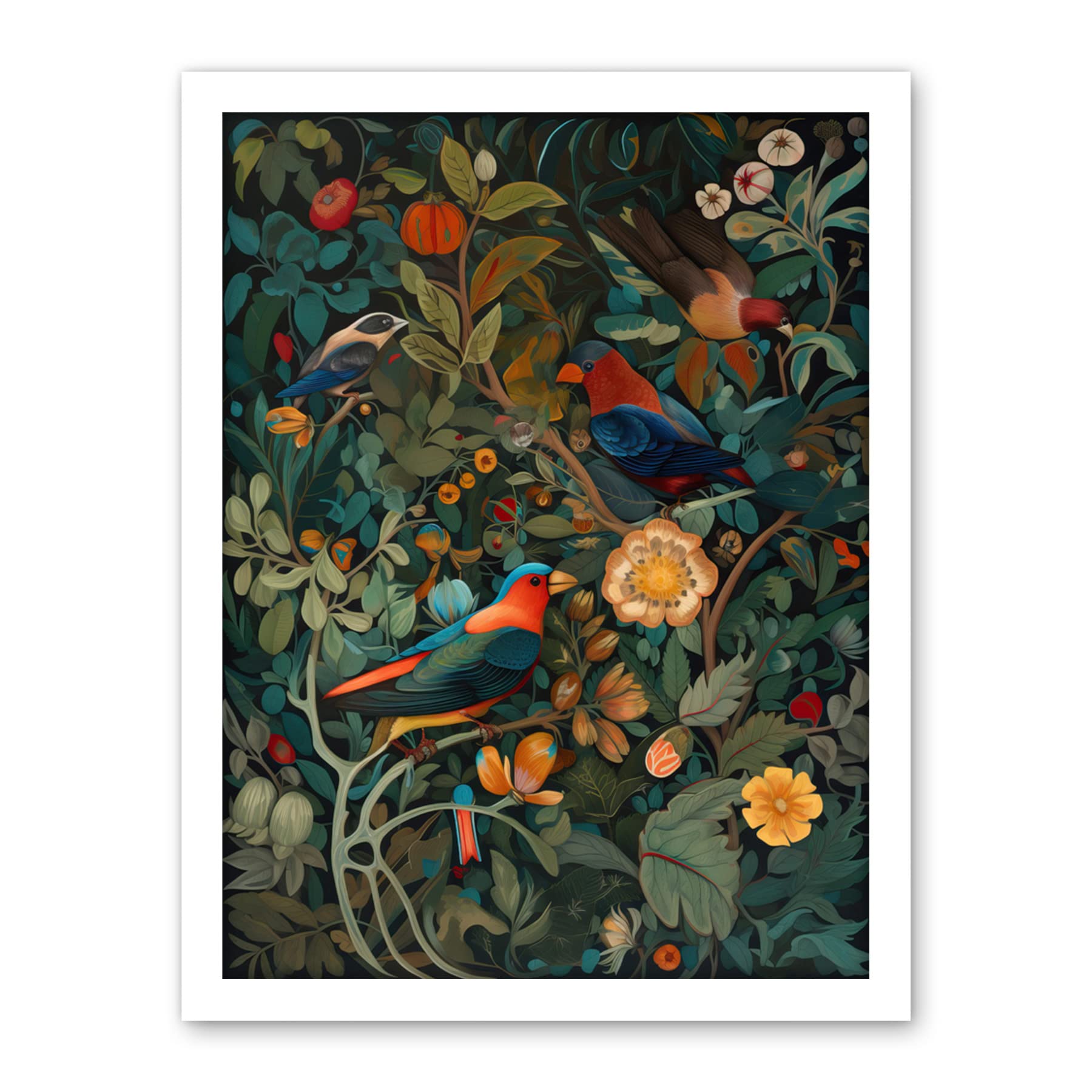 Artery8 Parrots on Exotic Blooming Trees Modern Folk Art Artwork Framed Wall Art Print 18X24 Inch