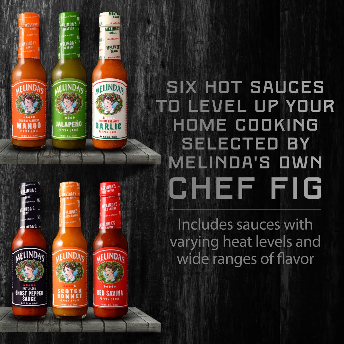 Melinda’s Chef Fig’s Heat & Flavor Collection - Gourmet Hot Sauce Gift Set with a Variety of Flavors & Spice Levels - Includes Ghost, Mango, Garlic, Red Savina, Scotch Bonnet, Jalapeño - 5 oz, 6 Pack