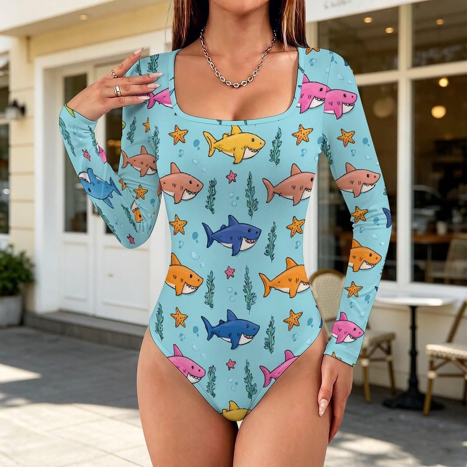 Shark Pattern Women's Bodysuits Long Sleeve Top 5XL