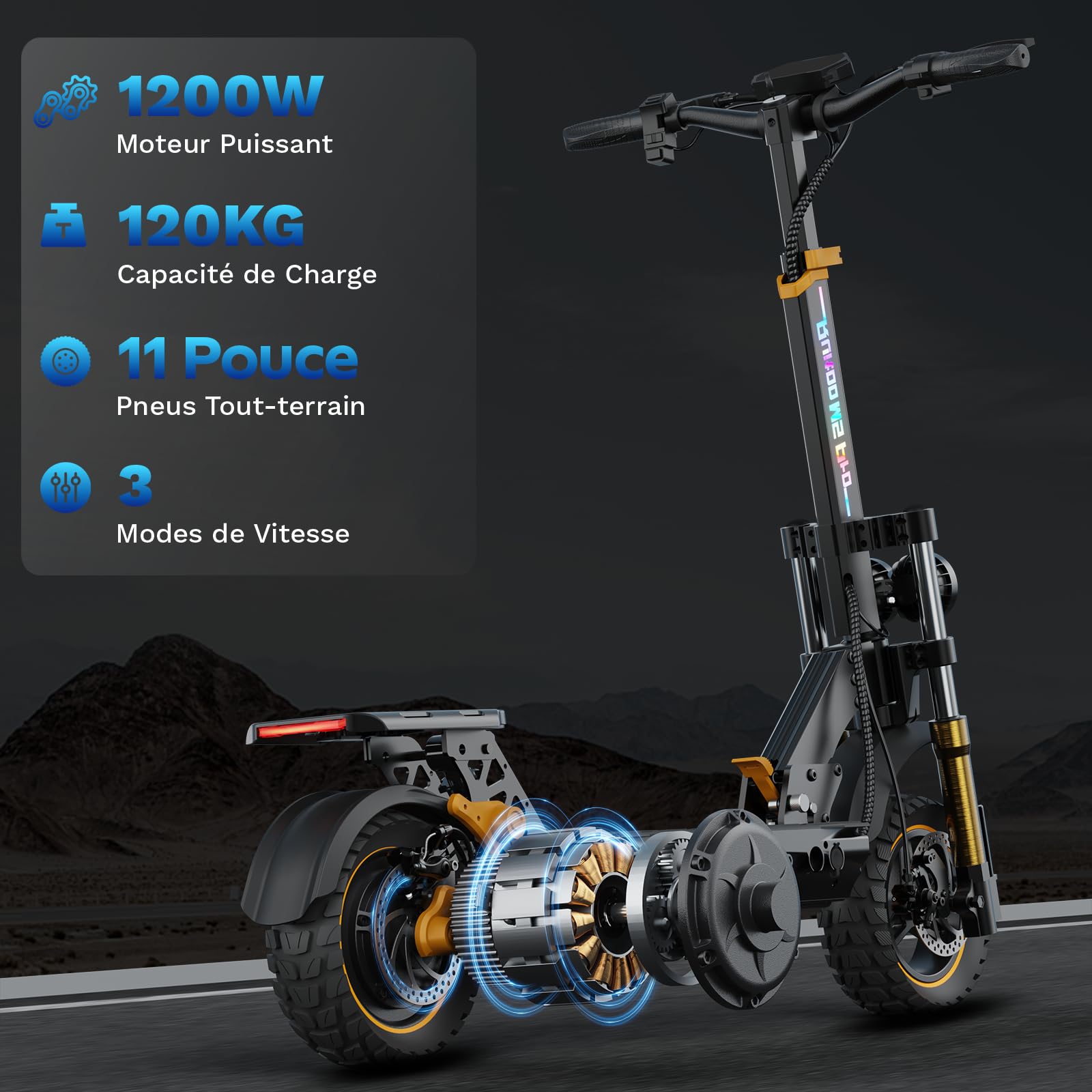 M5 Pro Trottinette Électrique, Batterie 48v 20.8Ah, Autonomie Max 70-80KM, Pneus Tout-Terrain 11 Pouces, 3 Modes De Vitesse, Écran Intelligent