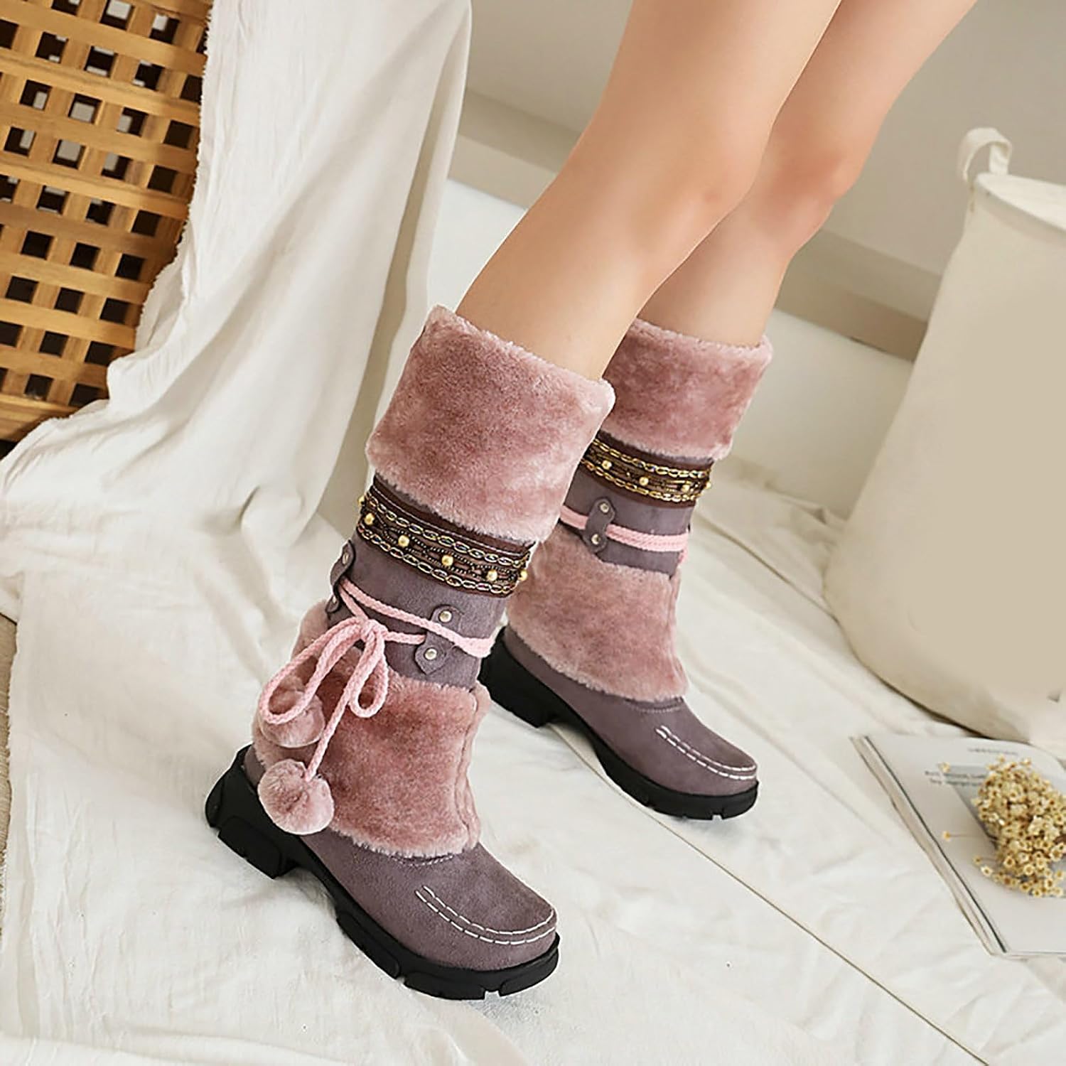 Snow Boots Winter Mid Calf Boots Fur Pom Poms Low Block Heel Non Slip Warm Fleece Lined Pull On Student Booties for Boys Girls Ethnic Riding Booties Cute Round Toe Casual Cold Weather Walking Shoes