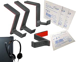 STEKIS Headphone Stand for Monitor - Set of 4 Compact Design Headphone Hooks with Cleaning Cloth - Desk Headphone Holder for Better Storage on the Workstation