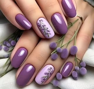 Curvlife Tip Press on Nails Acrylic Fake Nails with Design Full Cover False Nails for Women Reusable Nail Kit with Nail Glue Adhesive Tabs Nail File (Purple orchid, Medium)