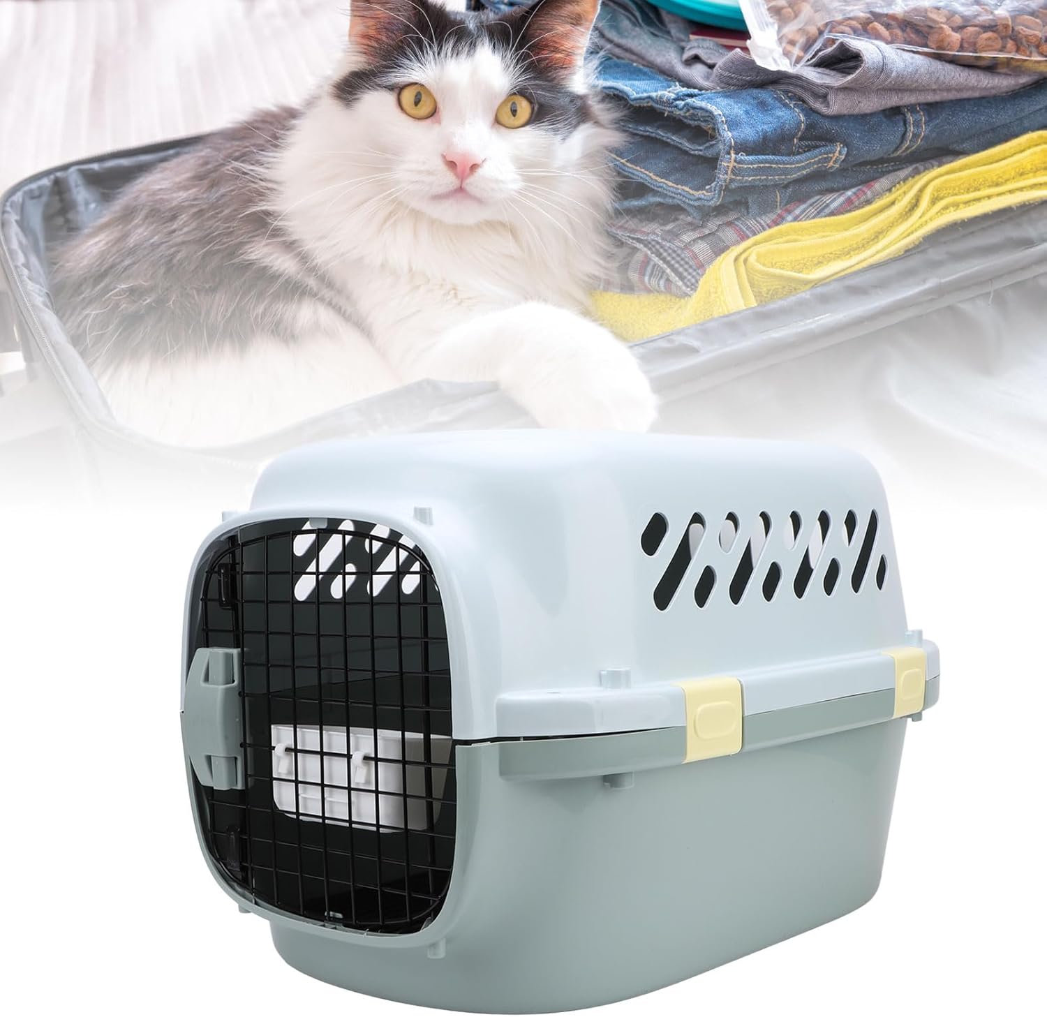 Cat Dog Travel Carrier, ABS Lightweight Foldable Large Space Travel Carrier Lockable Door 4 Sides Ventilation Portable Hard Sided Pet Carrier for Outdoor Home Car (L)