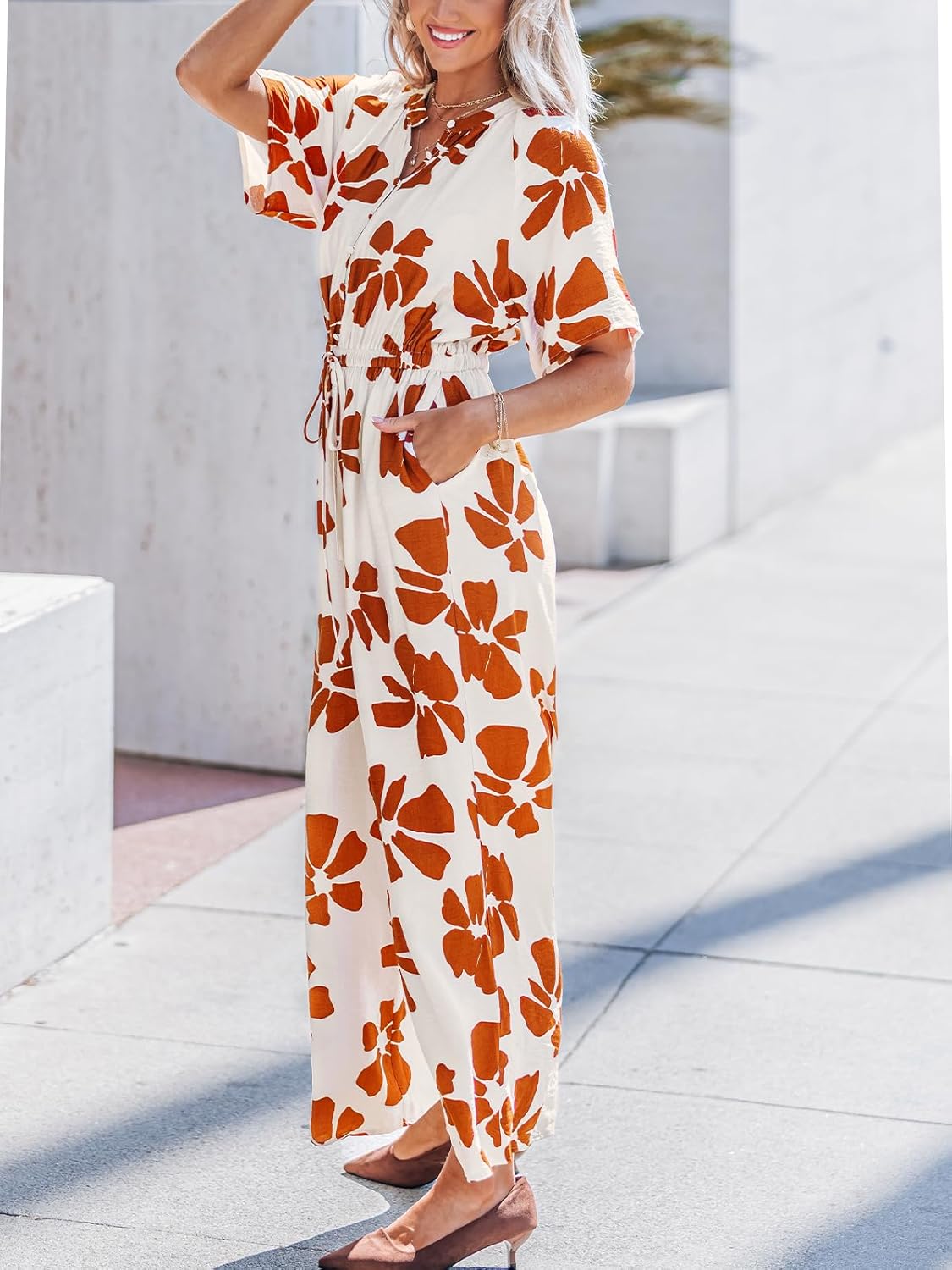 CUPSHE Jumpsuits for Women Dressy Botton Down Floral Print Overalls V Neck Shorts Sleeves Wide Leg Rompers Vacation Outfits - Image 5