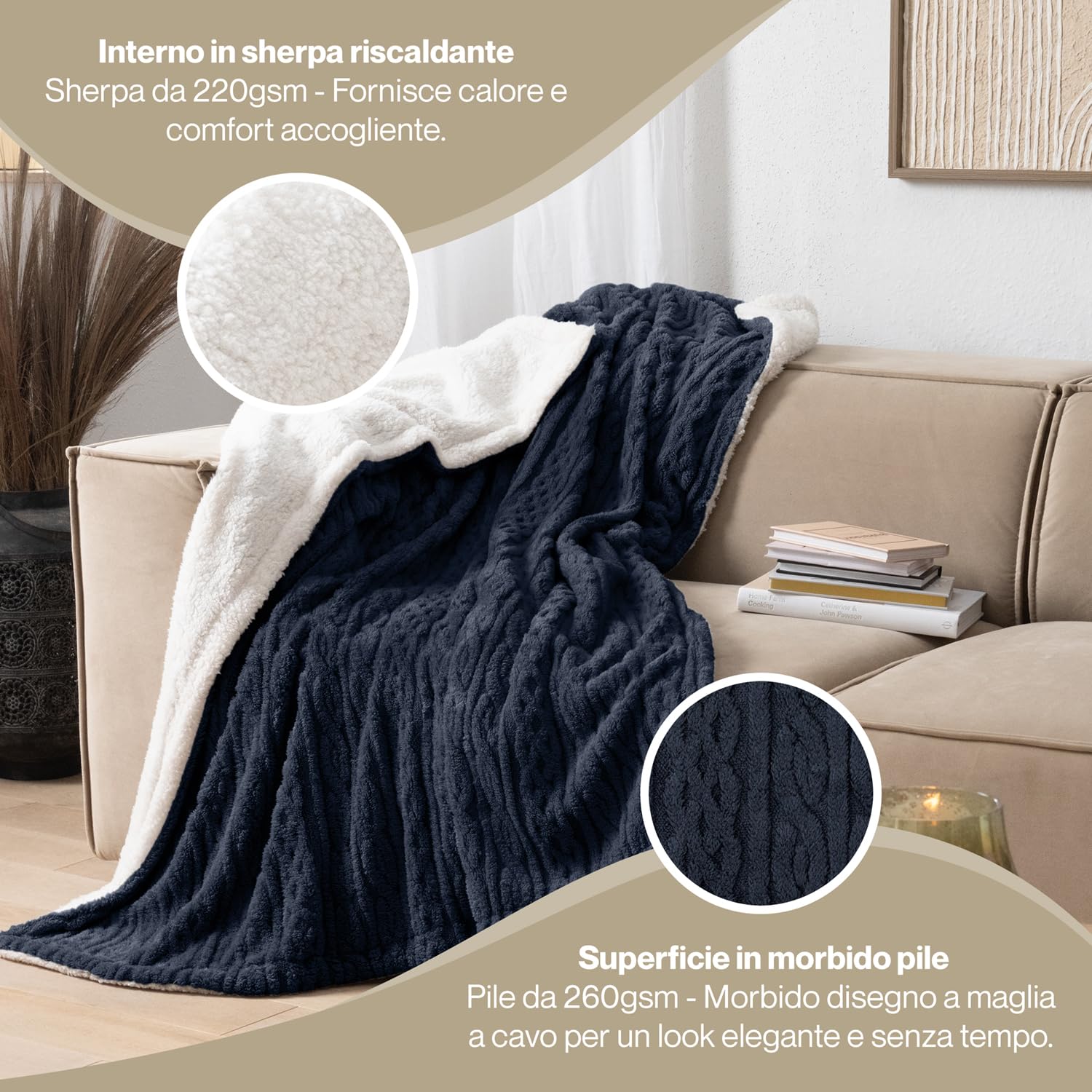Blumtal Coperta Pile 230x270 cm Con Disegno a Treccia - Plaid Divano Invernale Matrimoniale Con Certificato OEKO-TEX - Caldo e Morbido - Blu Navy/Bianco