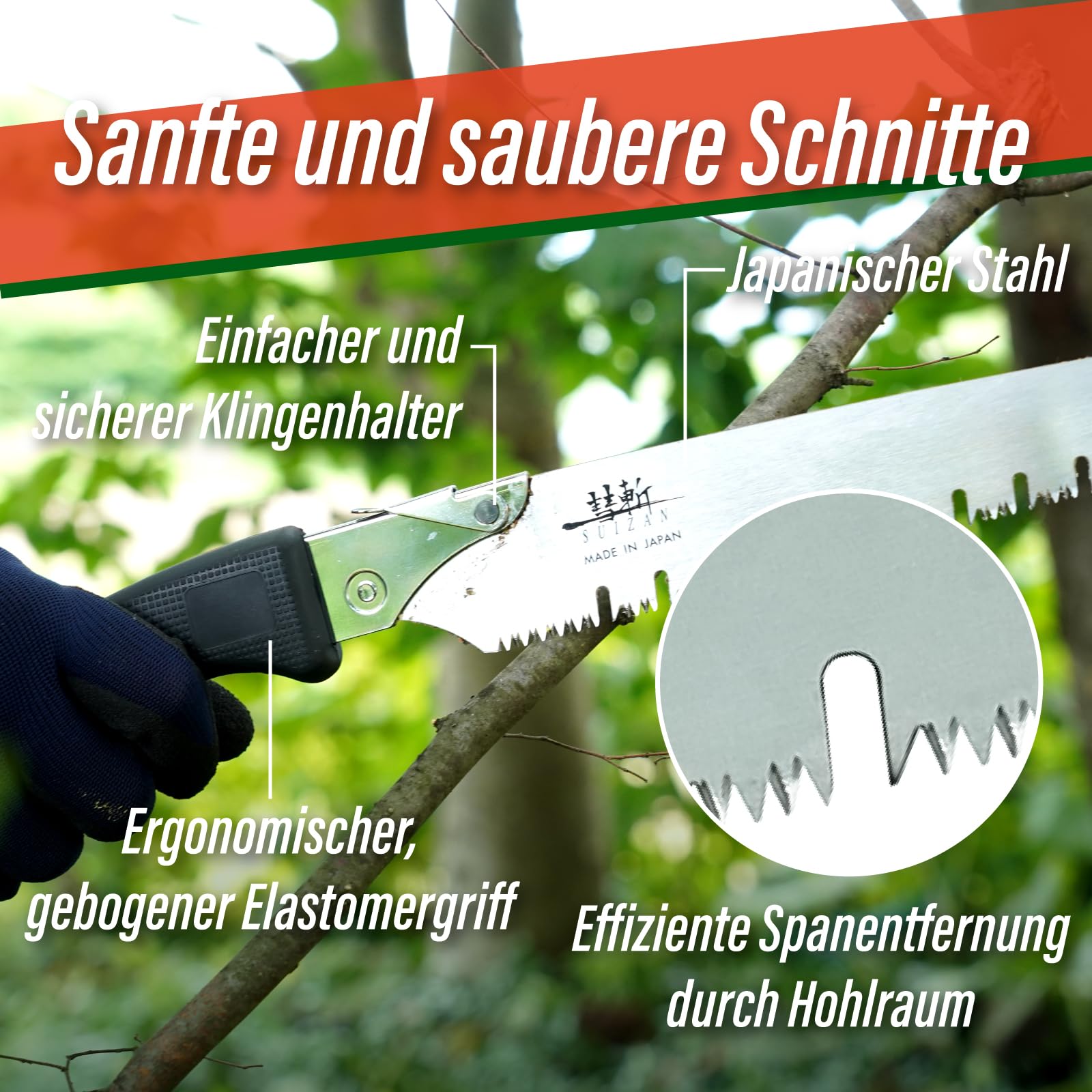 SUIZAN Astsäge 270mm mit Gulletsägeblatt - Professionelle Japanische Baumsäge Handsäge Gartengeräte