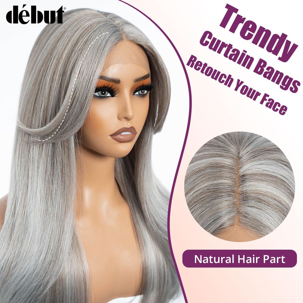 Ombre Gray Synthetic Lace Front Wigs with Curtain Bangs, Long Straight Layered Wigs with Bangs, Middle Part with Natural Hairline Lace Front Wigs for Women, Ombre Silver 26 Inches