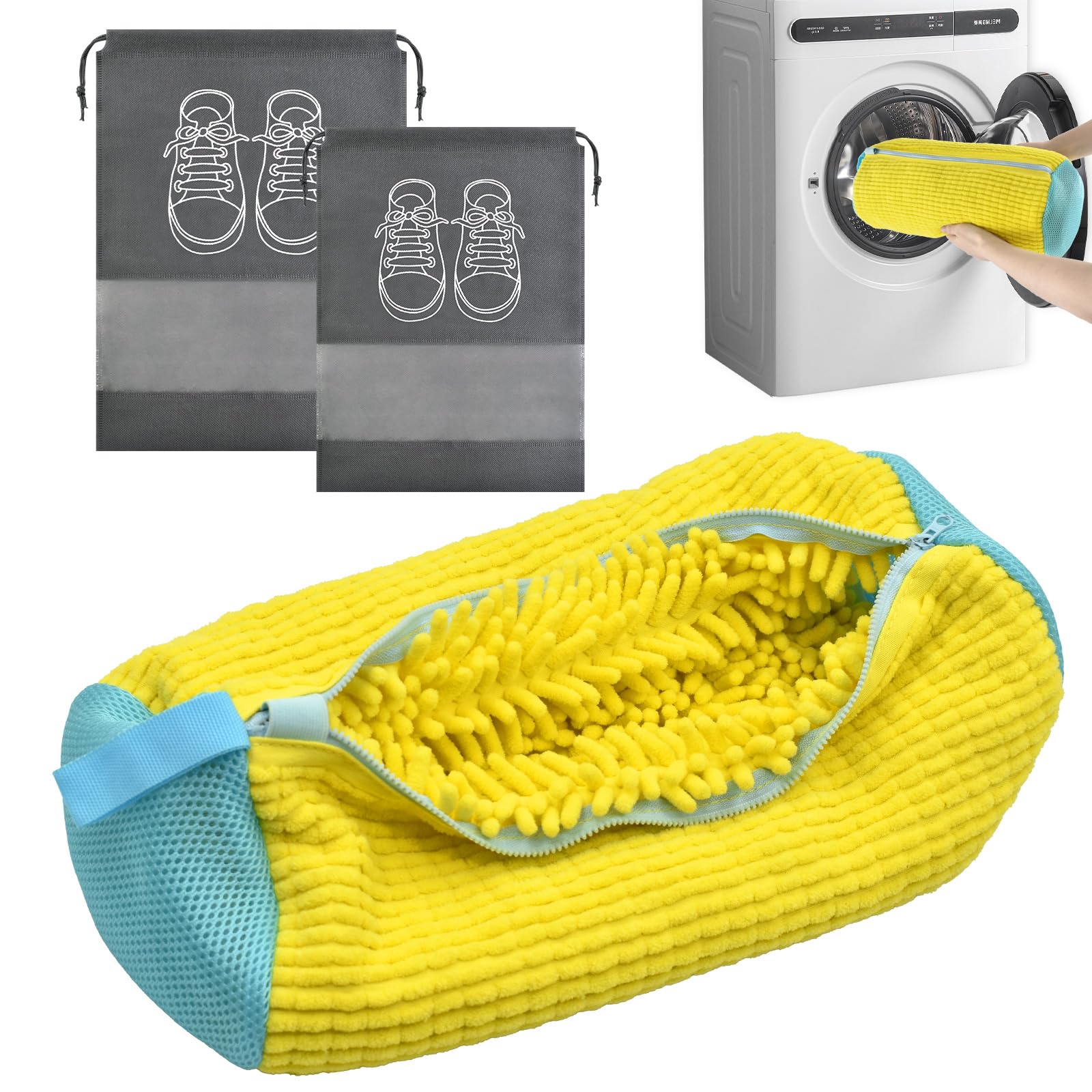 heuihm Shoe Washing Machine Bag,Laundry Shoe Bag Dense Fluffy Fibers can be 360° Wrap-Around Cleaning,Reusable and Durable Zipper Shoe Washing Bag for All Types Shoe and Sizes(Yellow 1pcs)-picture-36