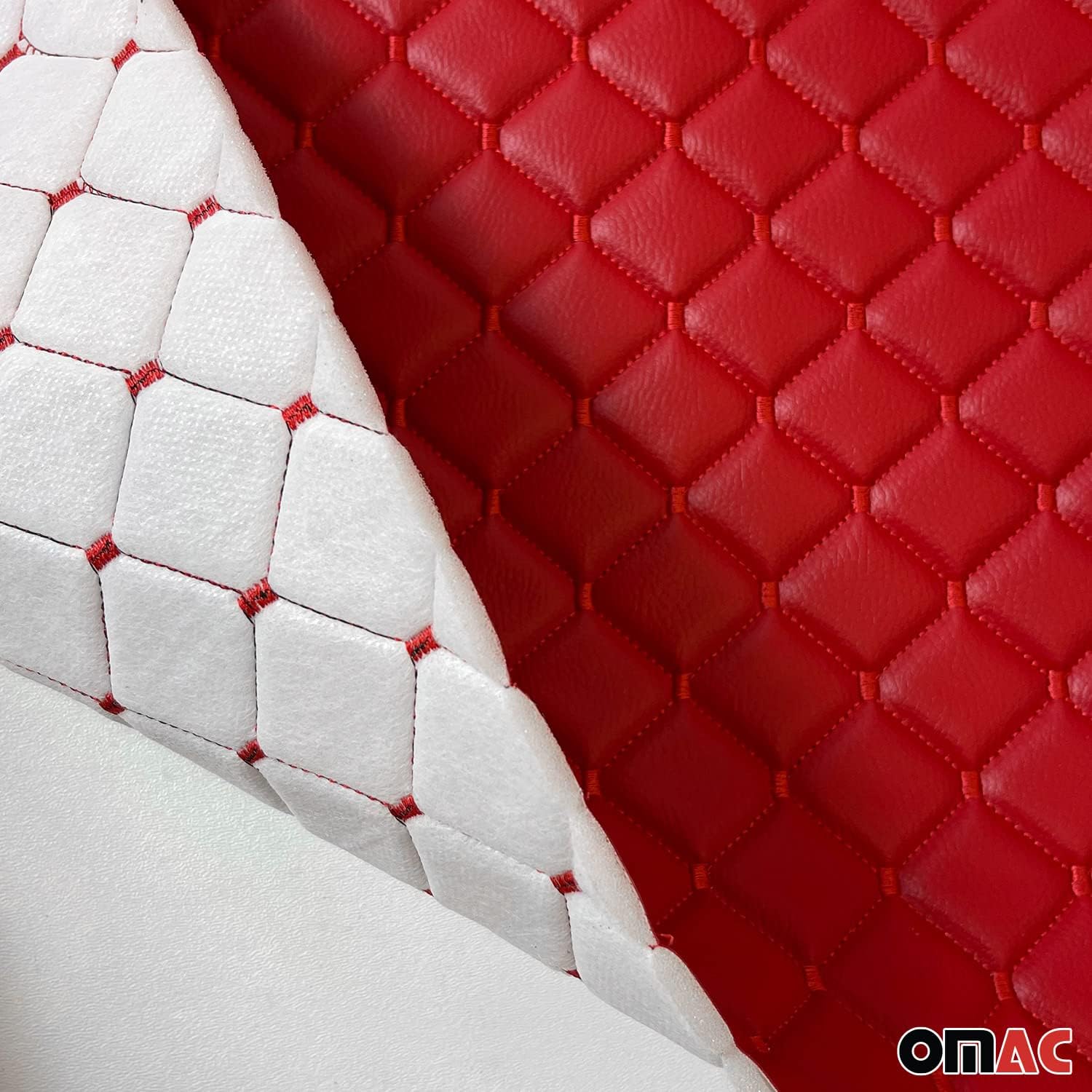 OMAC Embossed Red Faux Leather Lining Red Stitch Car Upholstery 1 Yard x 1.5 Yards