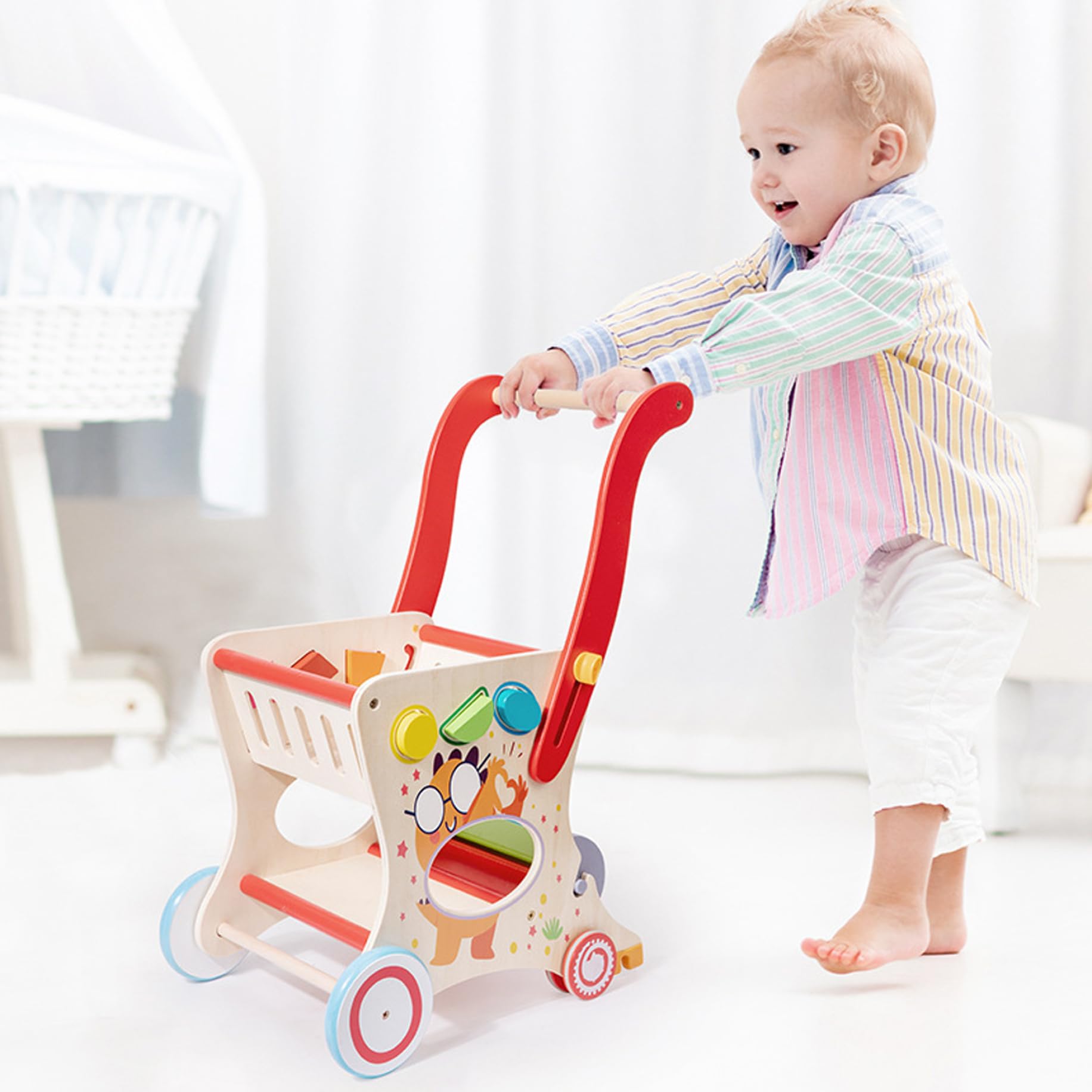 Andador de empuje para bebé con ruedas, andador de empuje de altura con mango ajustable para bebés, bebés y niños pequeños, bebé de madera extraíble para cumpleaños Año Nuevo...