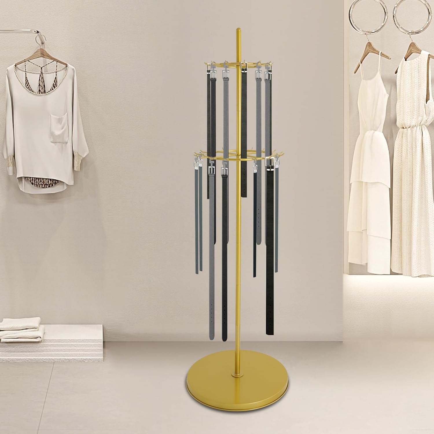 2-Tier Belt Display Stand with 31 Hooks, Gold Metal Scarf Organizer Rack for Belts Ties Accessories, Sturdy Free Standing Store Display Shelf for Boutique Retail Store