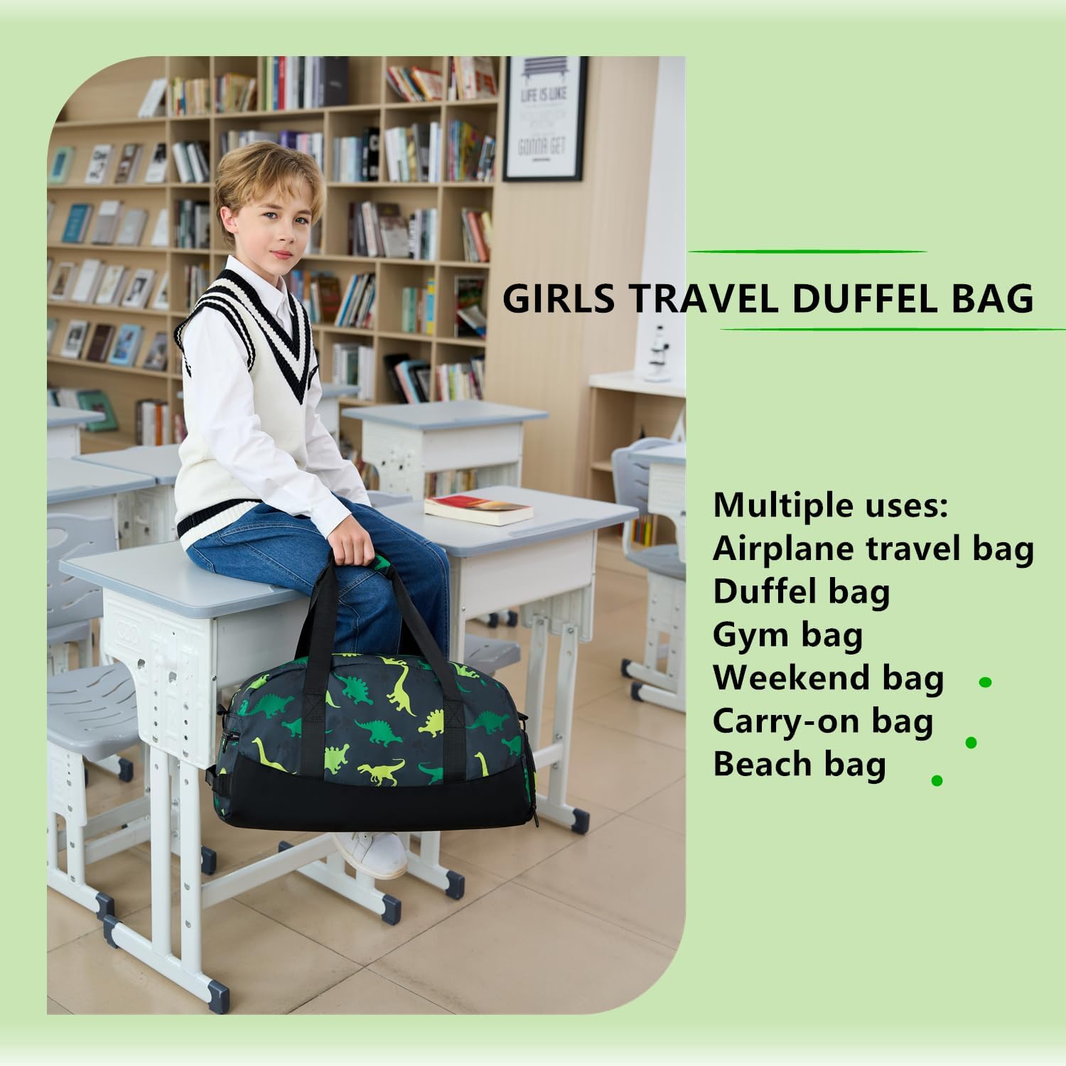 Lmwzh Kids Duffle Bag For Boys Perfect For Early Elementary Overnight Travel Bag With Shoes Compartment Dry And Wet Pocket Carry On Weekender Bag (Dinosaur)