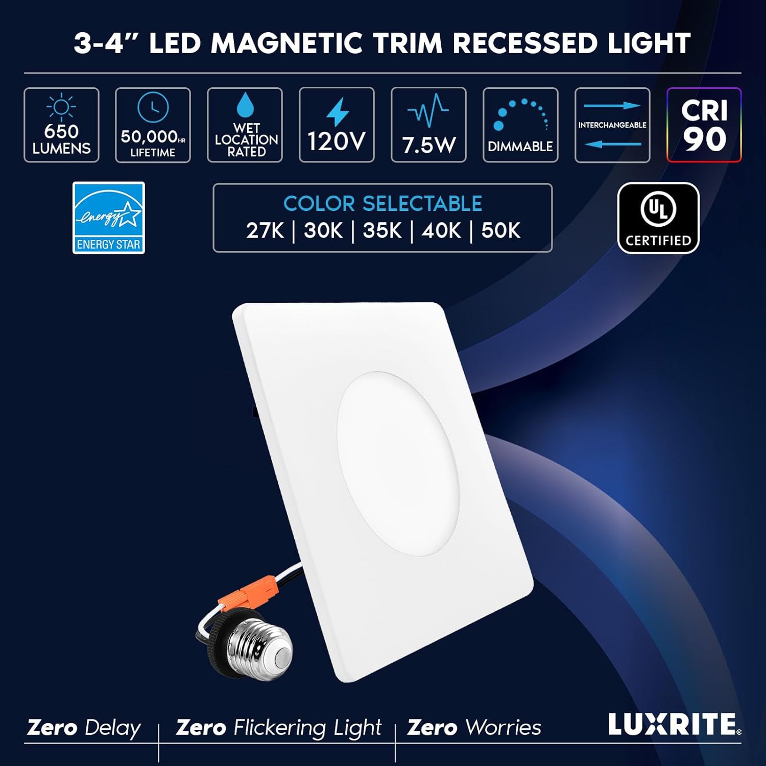 LUXRITE 3-4 Inch Square LED Flush Mount & Recessed Light, 7.5W, 5CCT 2700K-5000K, 650LM, Magnetic Trim, Dimmable Ceiling Can Light, Install to J-Box or 4 Inch Housing, Wet Rated, UL Listed