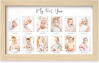 My First Year Photo Frame, 12 Months Baby Picture Frame for Newborn Girl,Boy - Baby Shower Gifts Keepsakes,Monthly Baby's One Year Birthday Milestone,1st Nursery Photo Collage Display Board (Ash Wood)