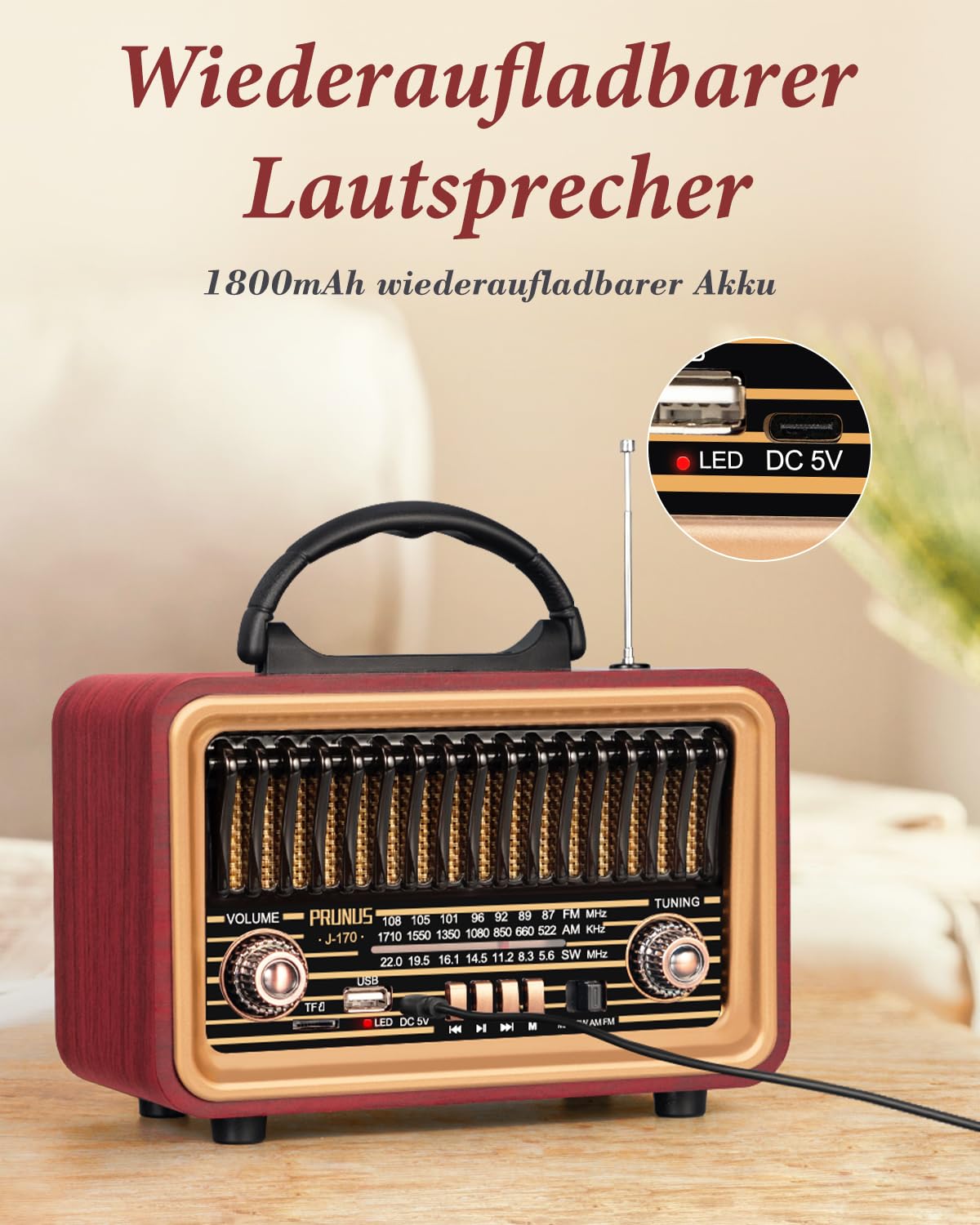 PRUNUS J-170 Bluetooth Radio Retro AM/FM/SW, Nostalgie Radio Klein mit 1800mAh Akku, Kofferradio Küchenradio mit lauter Sound, Unterstützt USB/TF/TWS Pairing, Einfaches Radios für Senioren.