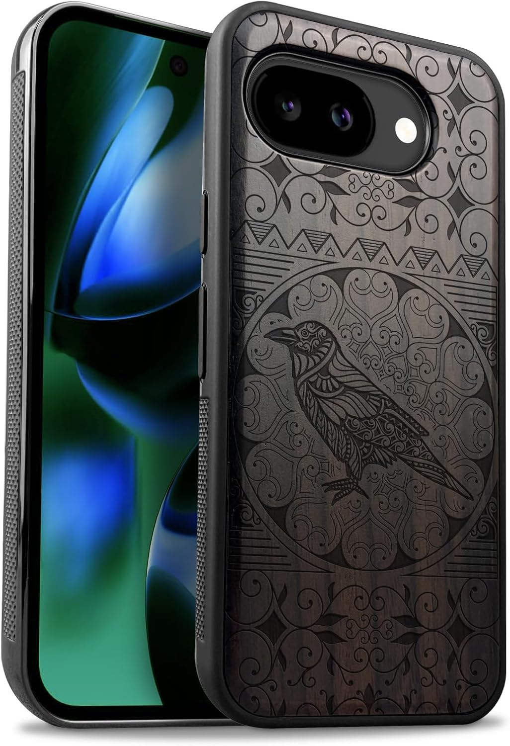 Carveit Magnetic Wooden Case for Google Pixel 10a Case, Wood Artisan Engraved & Soft TPU Shockproof Cover, Compatible with MagSafe Wireless Chargers (Owl Mandala) Blackwood