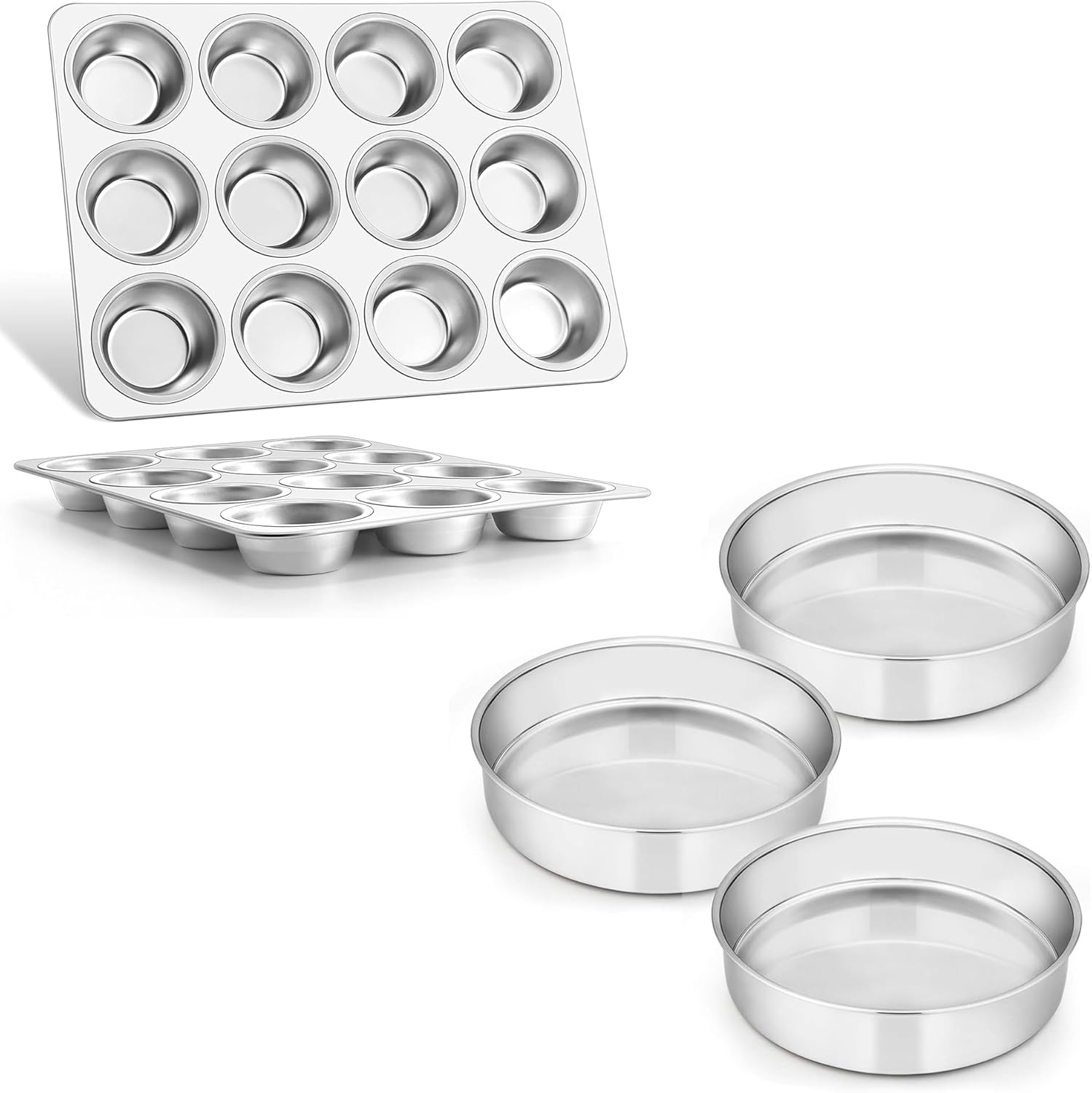 E-far 8 Inch Cake Pan Set of 3 with Stainless Steel Cupcake Pan Set of 2 Bundle, Round Layer Cake Baking Pans, 12-Cup Metal Muffin Baking Tins for Oven, Non-toxic & Dishwasher Safe - 2 Pack