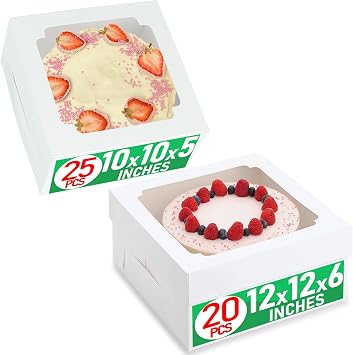 10x10x5-25 pcs and 12x12x6-20 pcs Cake Boxes Bulk 12 Inch with Window Clear Bakery Dessert Box Square White Large Disposable Pie Boxes Package for Bake Goods Pastry Packaging