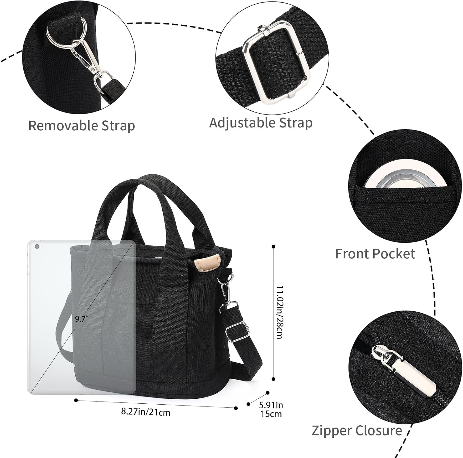 Small Tote Bags for Women Canvas Purses with Zipper Crossbody Mini Tote Satchel Hobo Work Beach Bag Shoulder Handbags - Image 3