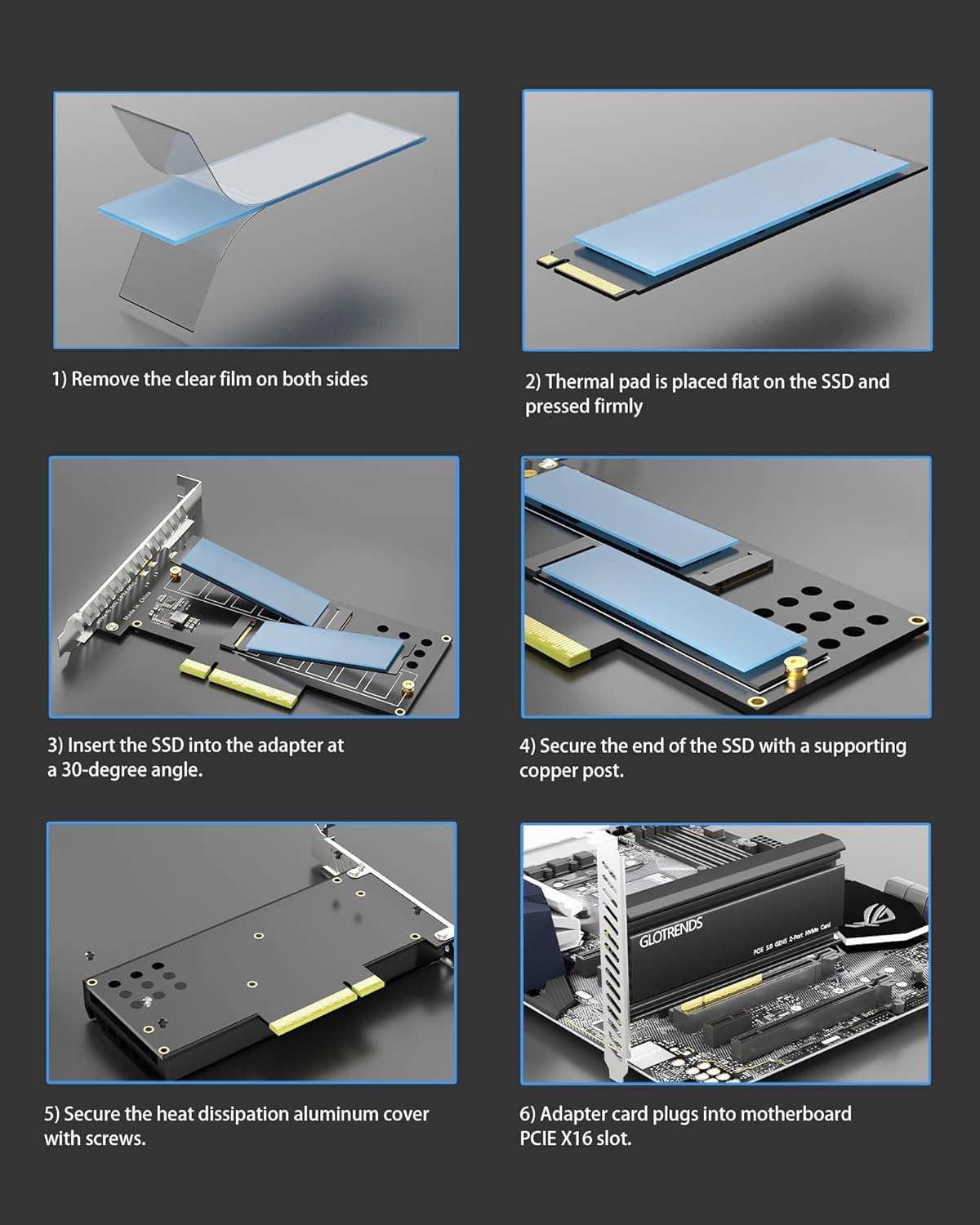 GLOTRENDS PA52L Dual M.2 NVMe to PCIe 5.0 X8 Adapter Without PCIe Bifurcation, Setup Soft M.2 NVMe RAID via OS Tool (PCIe Bifurcation Motherboard is Required)