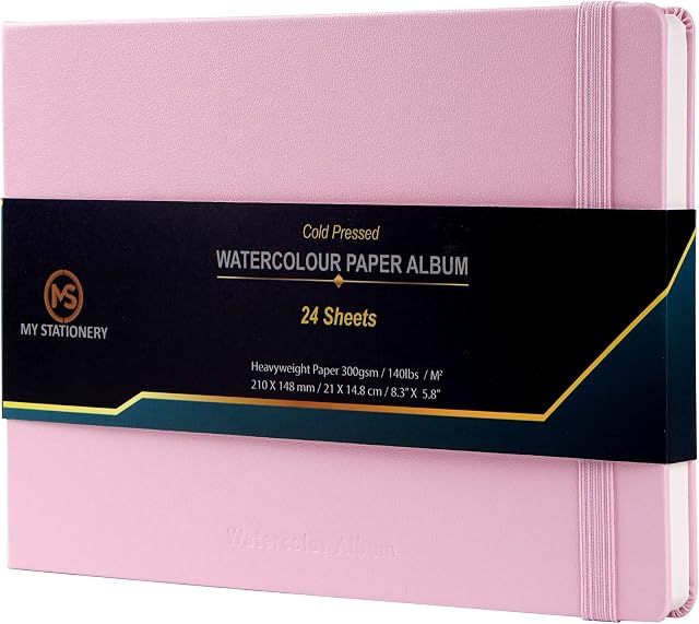 A5 Watercolour Pad Cold Pressed Sketch Book Leatherette Cover Hardcover Glue Bound Paper Album 140lb (300gsm) 100% Cotton Ivory Colour Paper Sketchbook Journal 24 Sheets