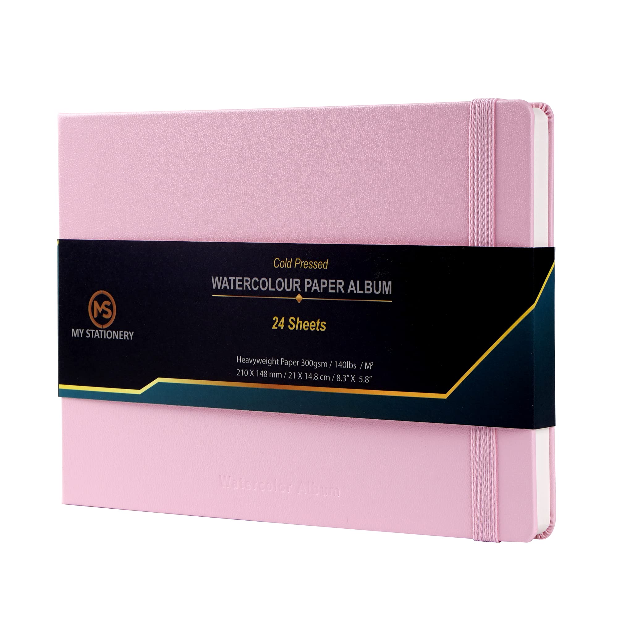 Ms My Stationery Blush Pink Watercolour Sketchbook Cold Pressed Paper 300Gsm/140Lb 100% Cotton Ivory Colour Pages Thread Sewn Binding (Upgraded Binding) Album 24 Sheets 8.3" X 5.8" Journal - Leatherette Cover