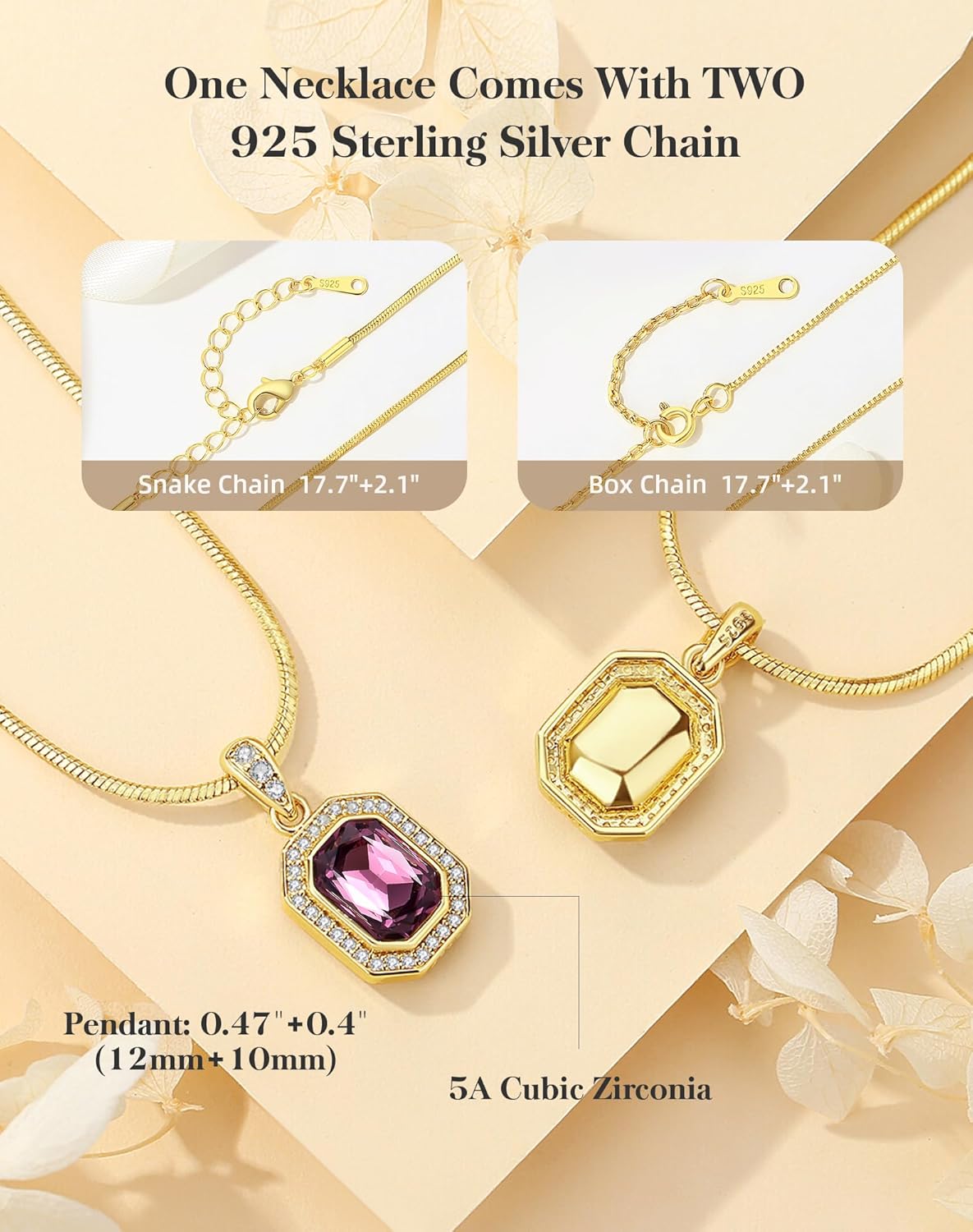 Valentine's Day Gifts for Her 14K Plated Gold Necklace for Women Square Crystal Necklace with Snake Chain Gold Jewelry for Womens Birthday Gifts for Wife Birthstone Necklaces for Wife Jewelry for Girlfriend Gift for Anniversary Wedding Valentines Mother's Day