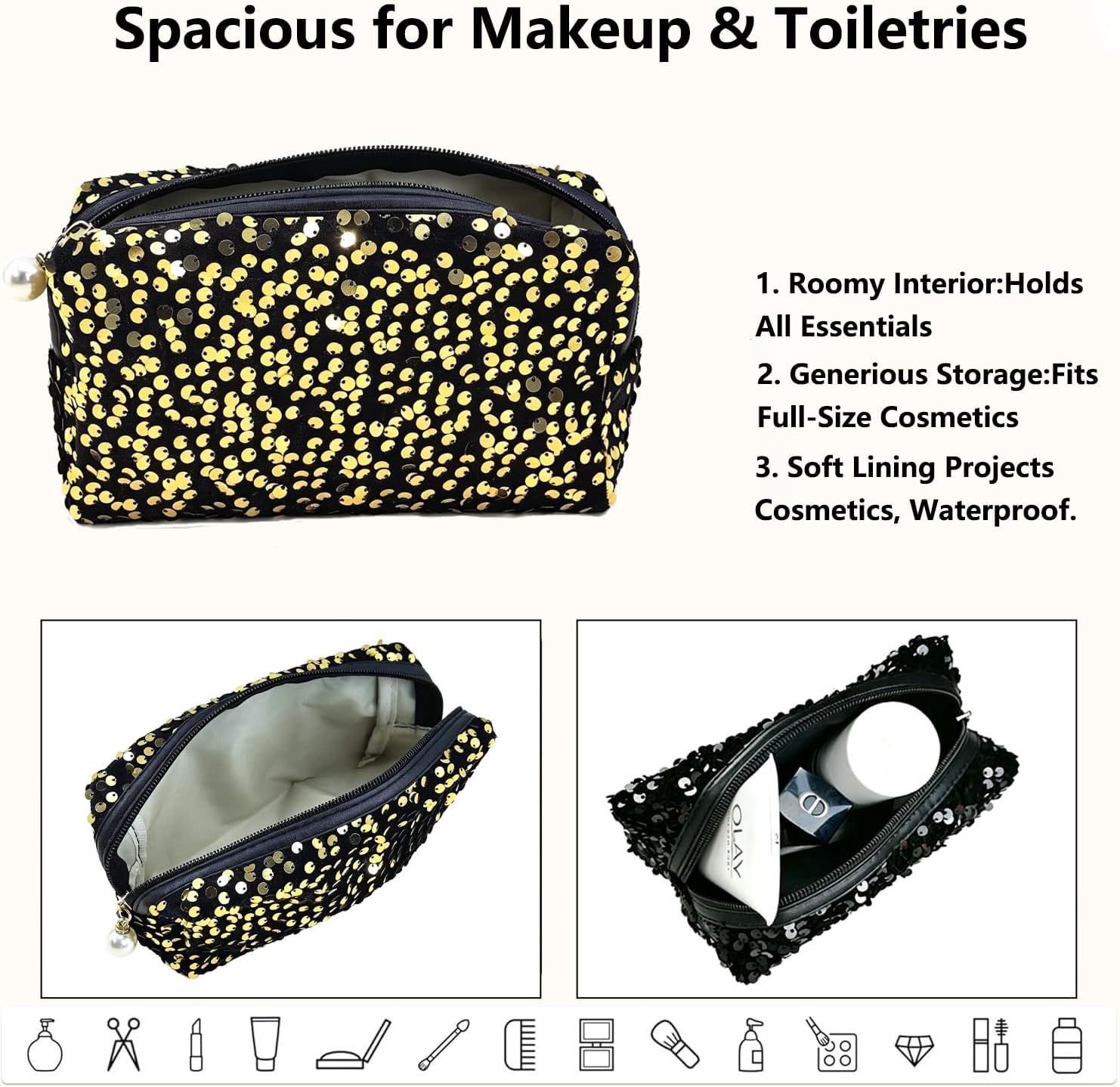 Sequin Cosmetic Bag for Women Glitter Makeup Bag with Pearl Zipper Pull Portable Sparkly Travel Toiletry Pouch Shiny Clutch (Pink) image 3