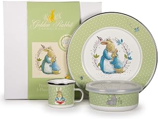 Golden Rabbit Enamelware Child Dinnerware Set: Plate, Mug and Bowl with Lid, Polka Dot Peter
