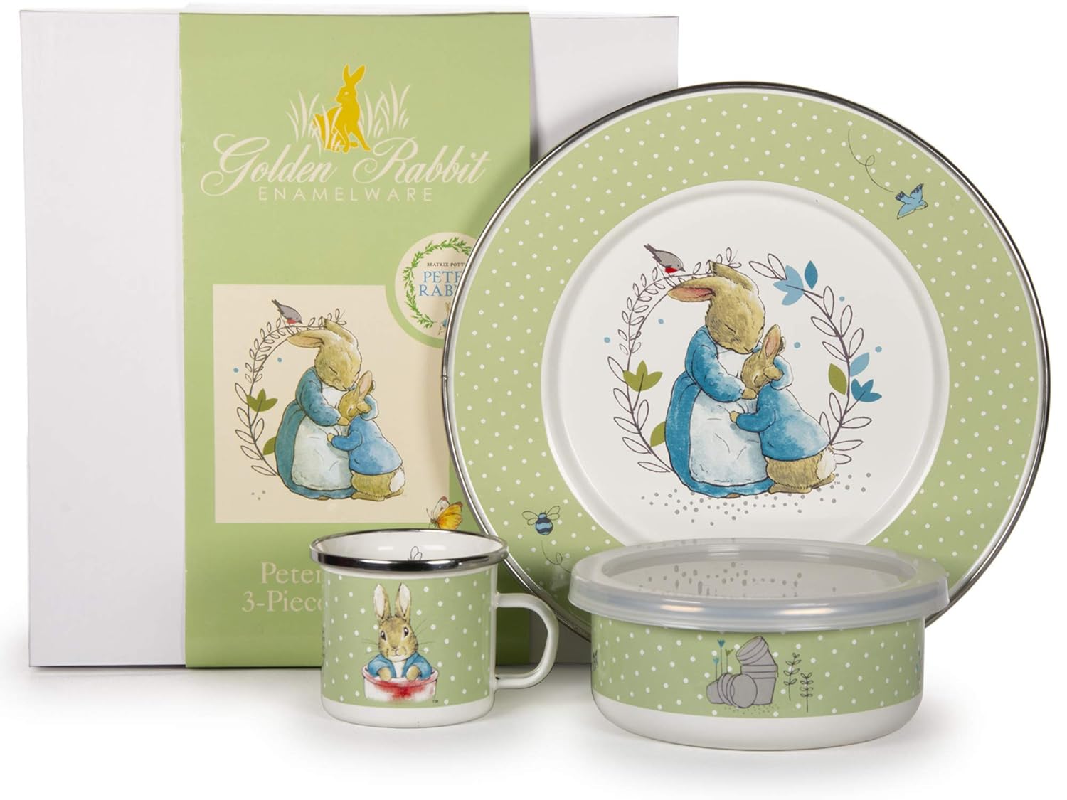 Golden Rabbit Enamelware Child Dinnerware Set: Plate, Mug and Bowl with Lid, Polka Dot Peter