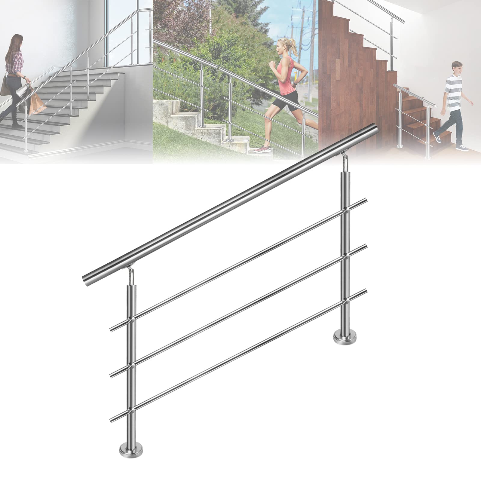 LARS360 180 cm, corrimano, ringhiera per scale, diametro 42 mm, barre per ringhiera in acciaio inox, 3 barre trasversali, ringhiere per terrazze, montaggio a pavimento, kit di montaggio per interni ed