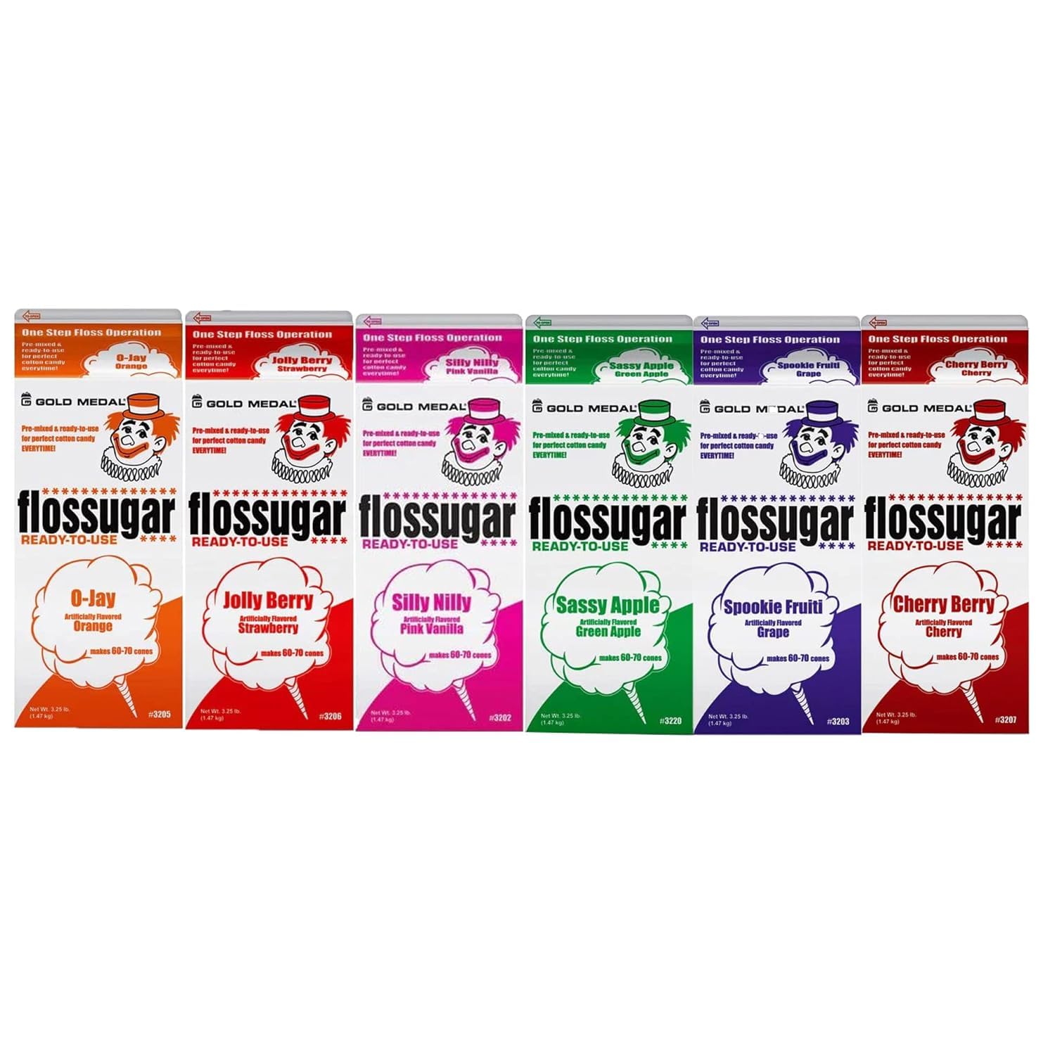 Cotton Candy Floss sugar Mix Flavors | Pack Of 6 | Orange, Strawberry, Silly Nilly, Green Apple, Grape, and Cherry Berry Flavors | 1/2 Gallon Cartons