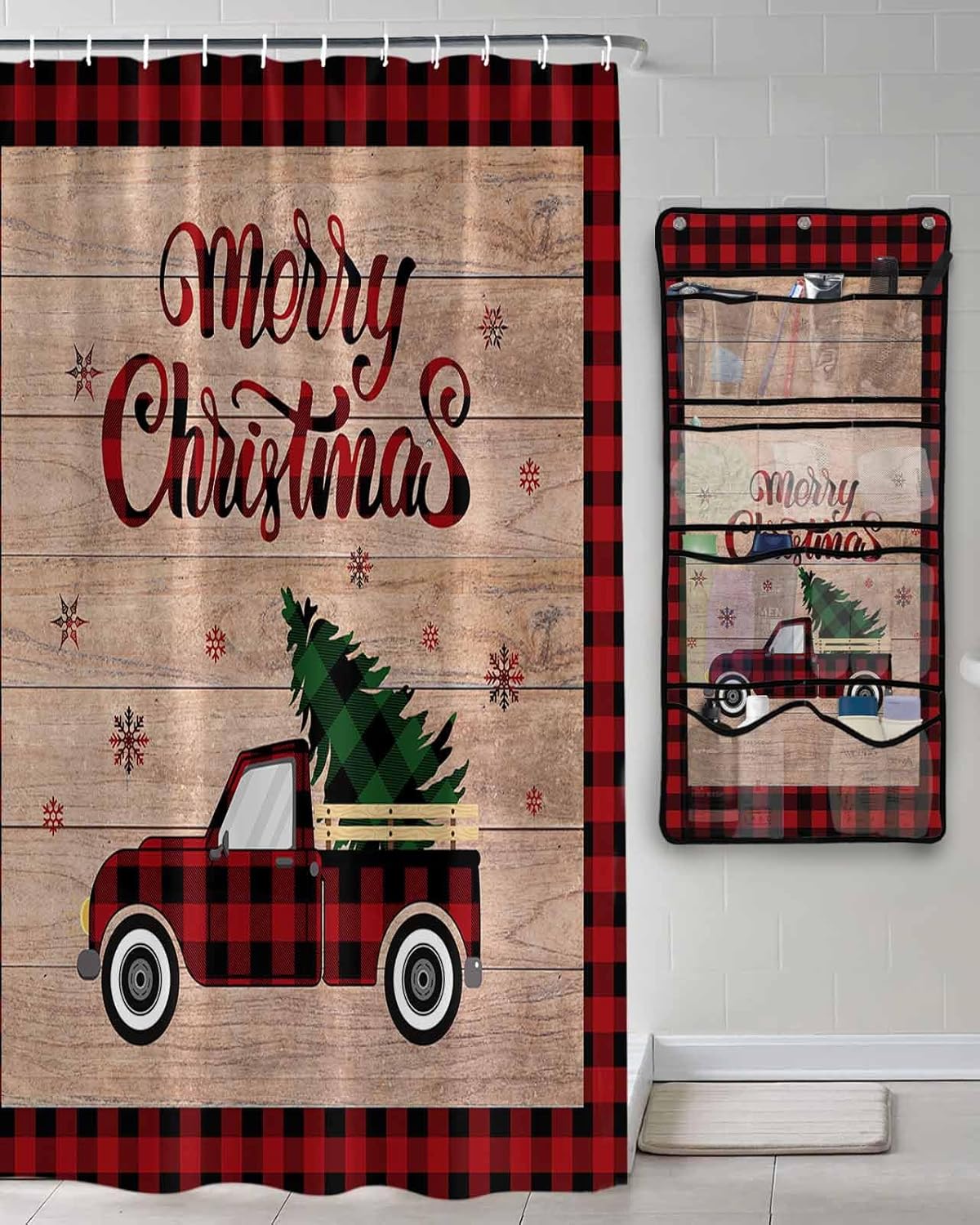 Shower Curtain Mesh Shower Organizer Hanging Set Merry Christmas Red and Black Buffalo Plaid Truck Tree Waterproof Shower