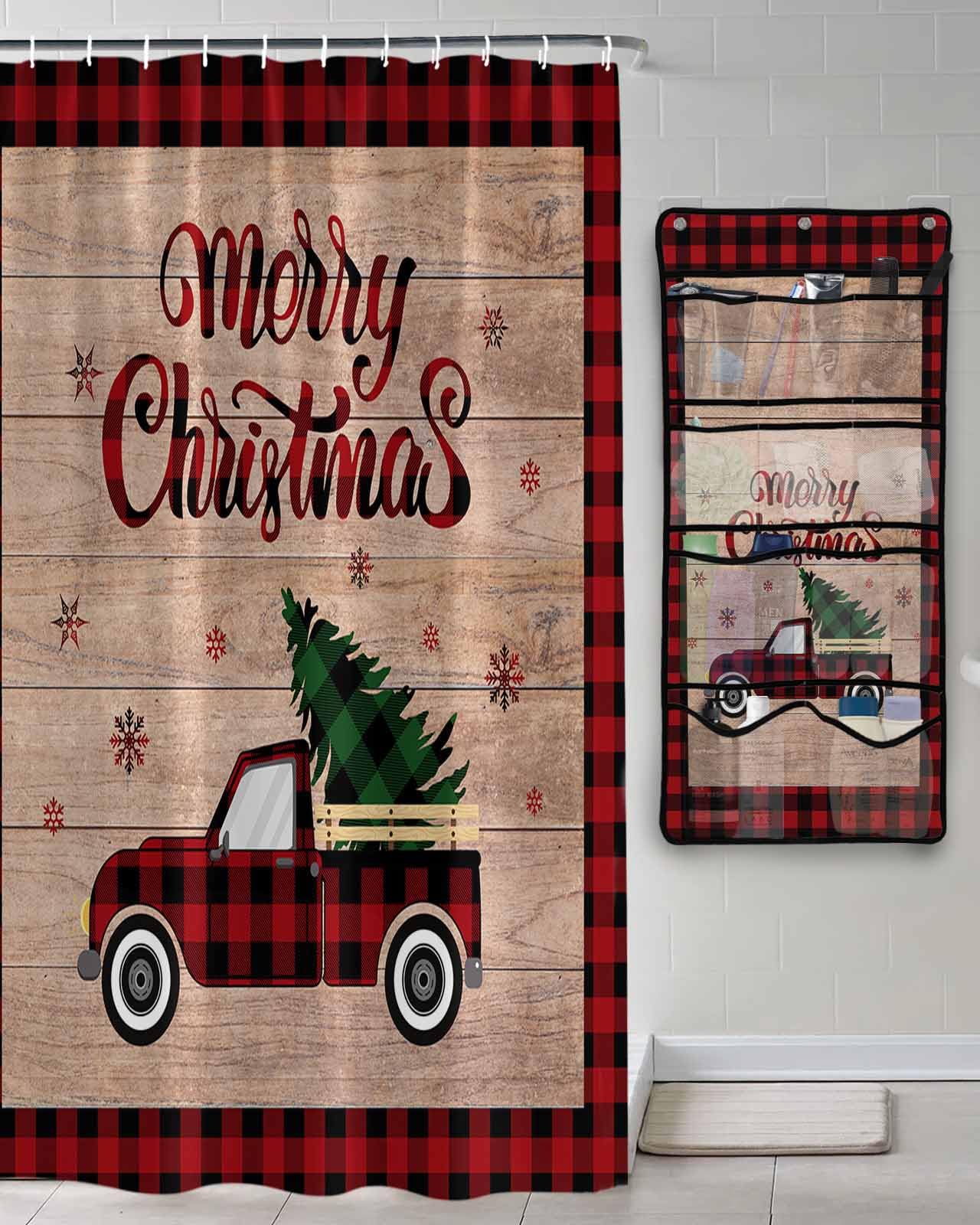 Shower Curtain Mesh Shower Organizer Hanging Set Merry Christmas Red and Black Buffalo Plaid Truck Tree Waterproof Shower