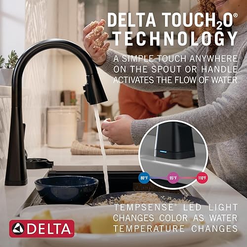Miniatura 2 de Delta Faucet Lenta - Grifo de cocina negro mate táctil, grifos de cocina táctiles con rociador extraíble, grifo de fregadero de cocina, grifo de