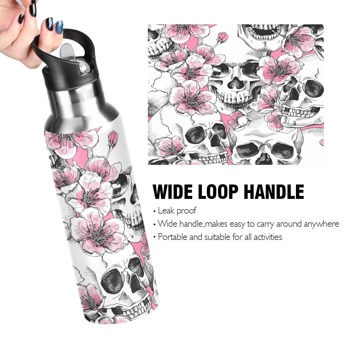 JUMBEAR Sugar Skull Flowers Water Bottle Acuum Insulated Stainless Steel Leakproof Wide Mouth with Straw Lid for Fitness Gym and Outdoor Sports 22OZ - Image 4